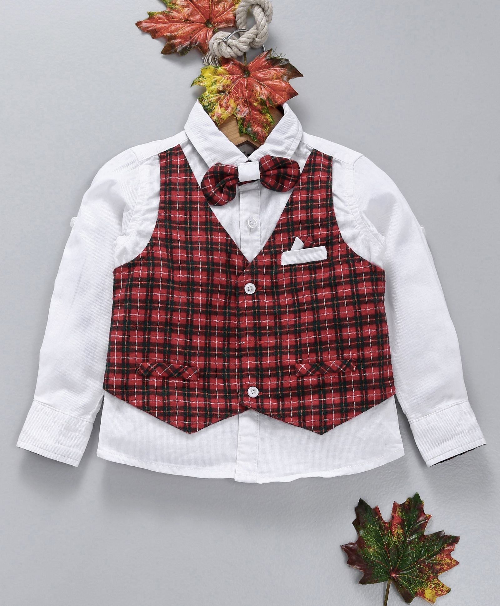 OB Baoney Full Sleeves Shirt With Checked Waistcoat & Bow - Red