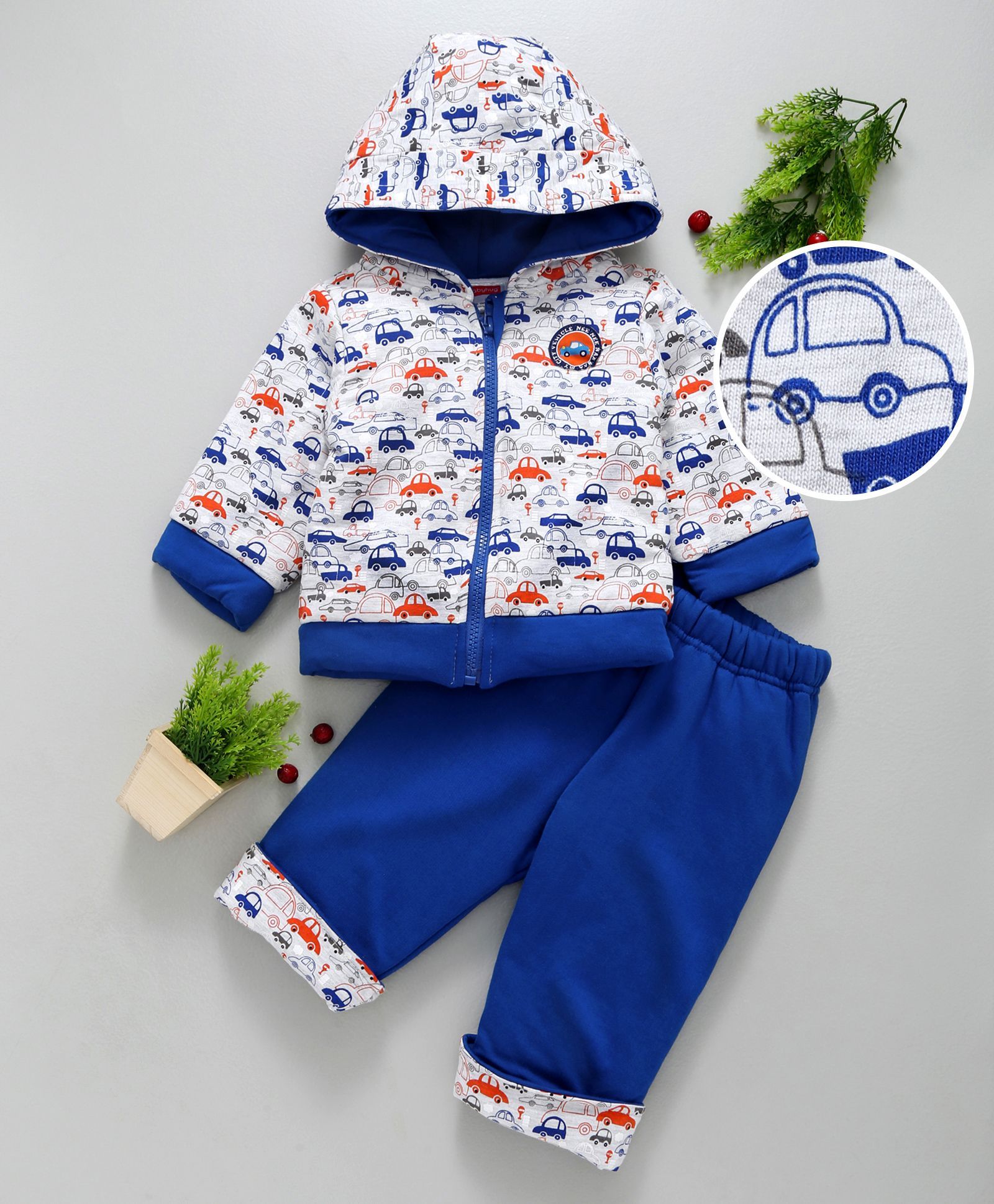 Babyhug Full Sleeves Hooded Jacket With Pant Car Print