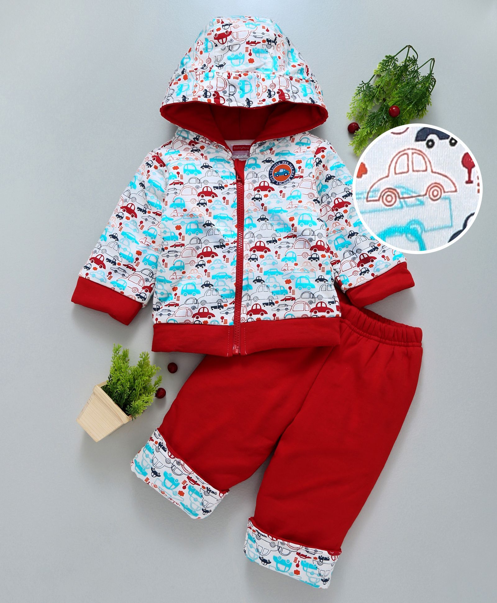 Babyhug Full Sleeves Hooded Jacket With Pant Car Print - Red