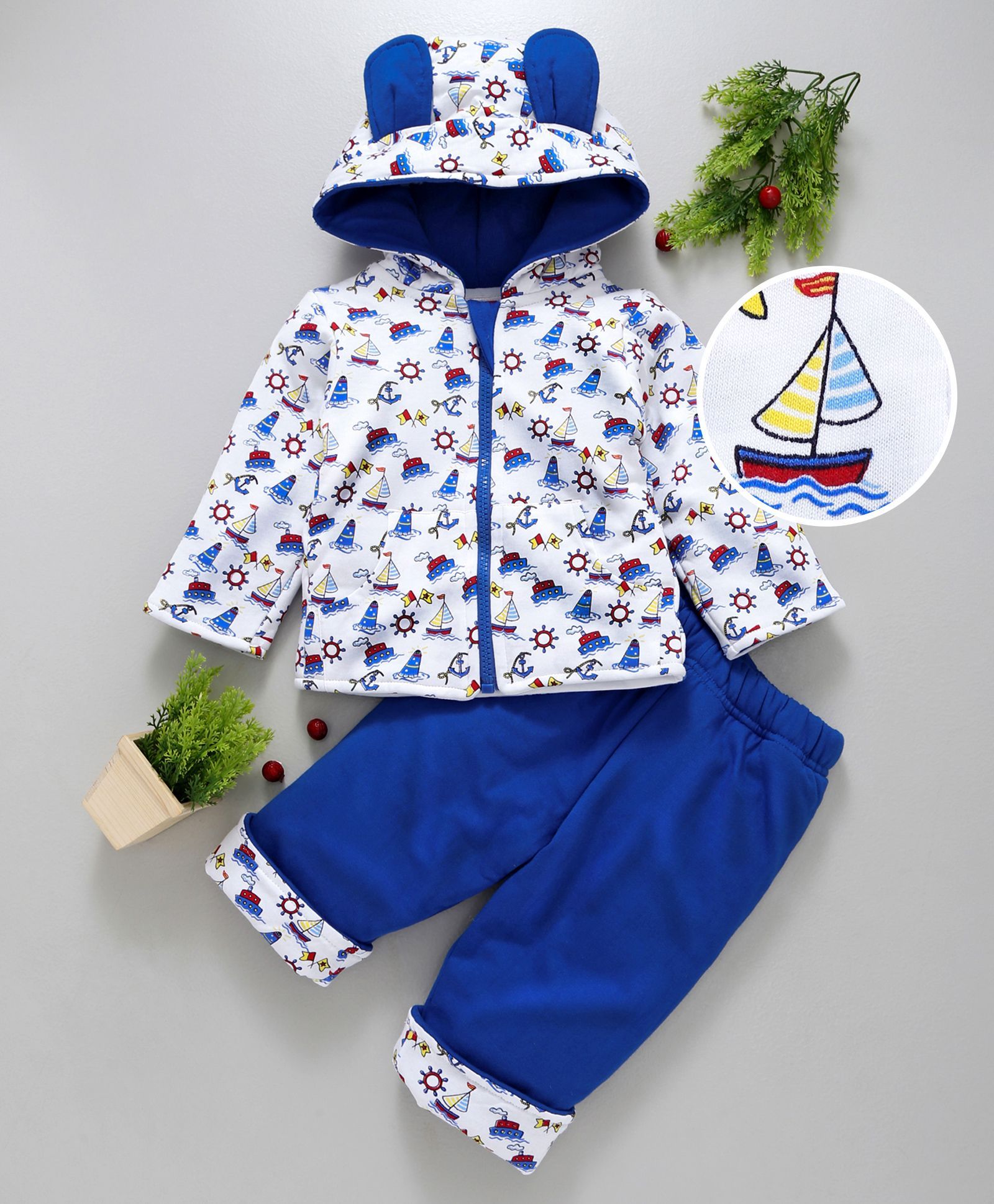 Babyhug Full Sleeves Hooded Jacket With Pant Ship Print - Blue