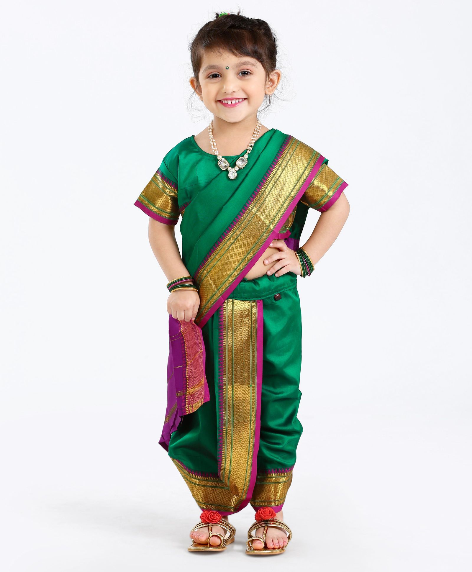 Girls Ready To Wear Stitched Designer Nauvari Saree With Stitched Blouse -  Brown Forest - 2725842