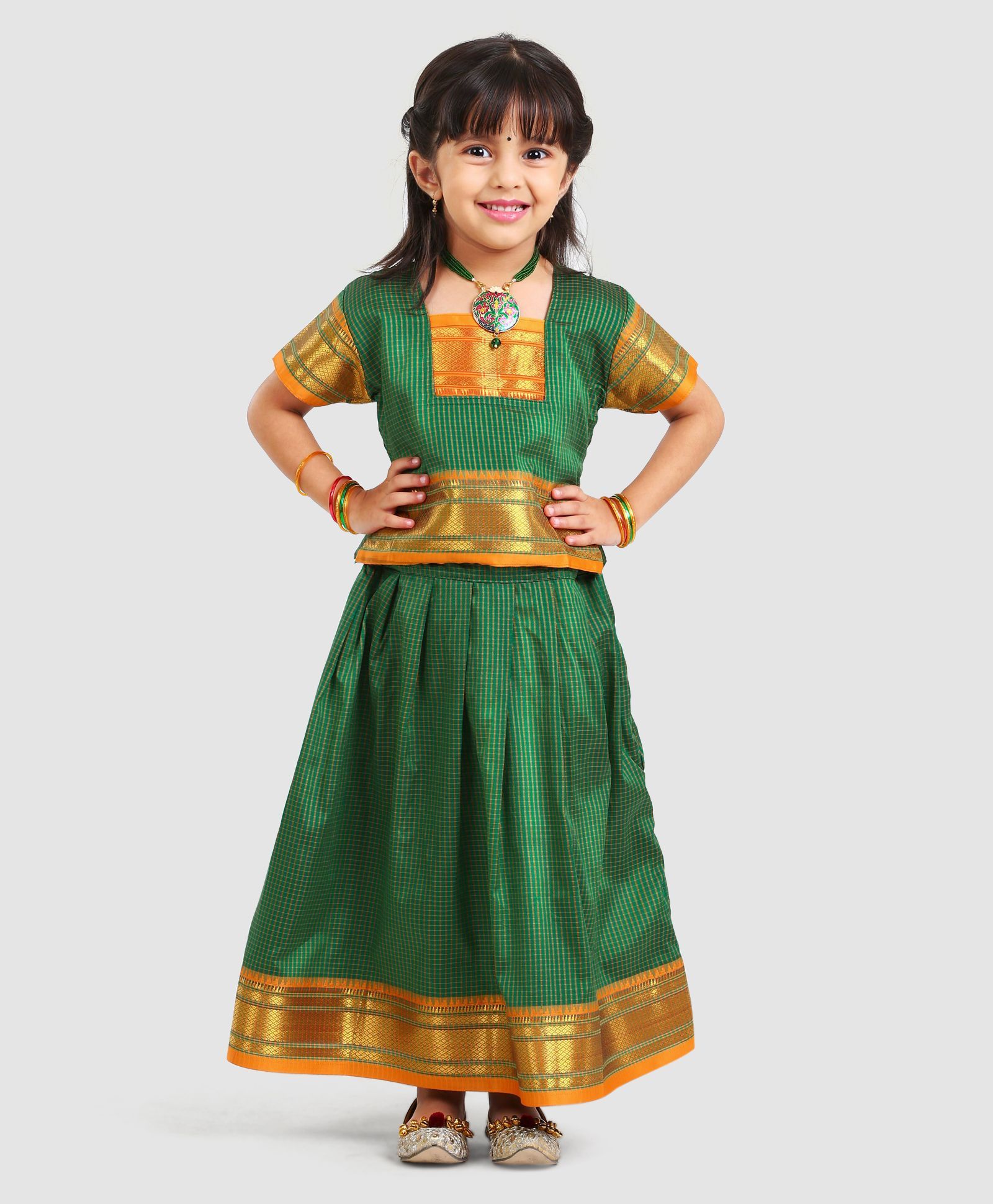 Bhartiya Paridhan Check Lehenga Choli Set - Green