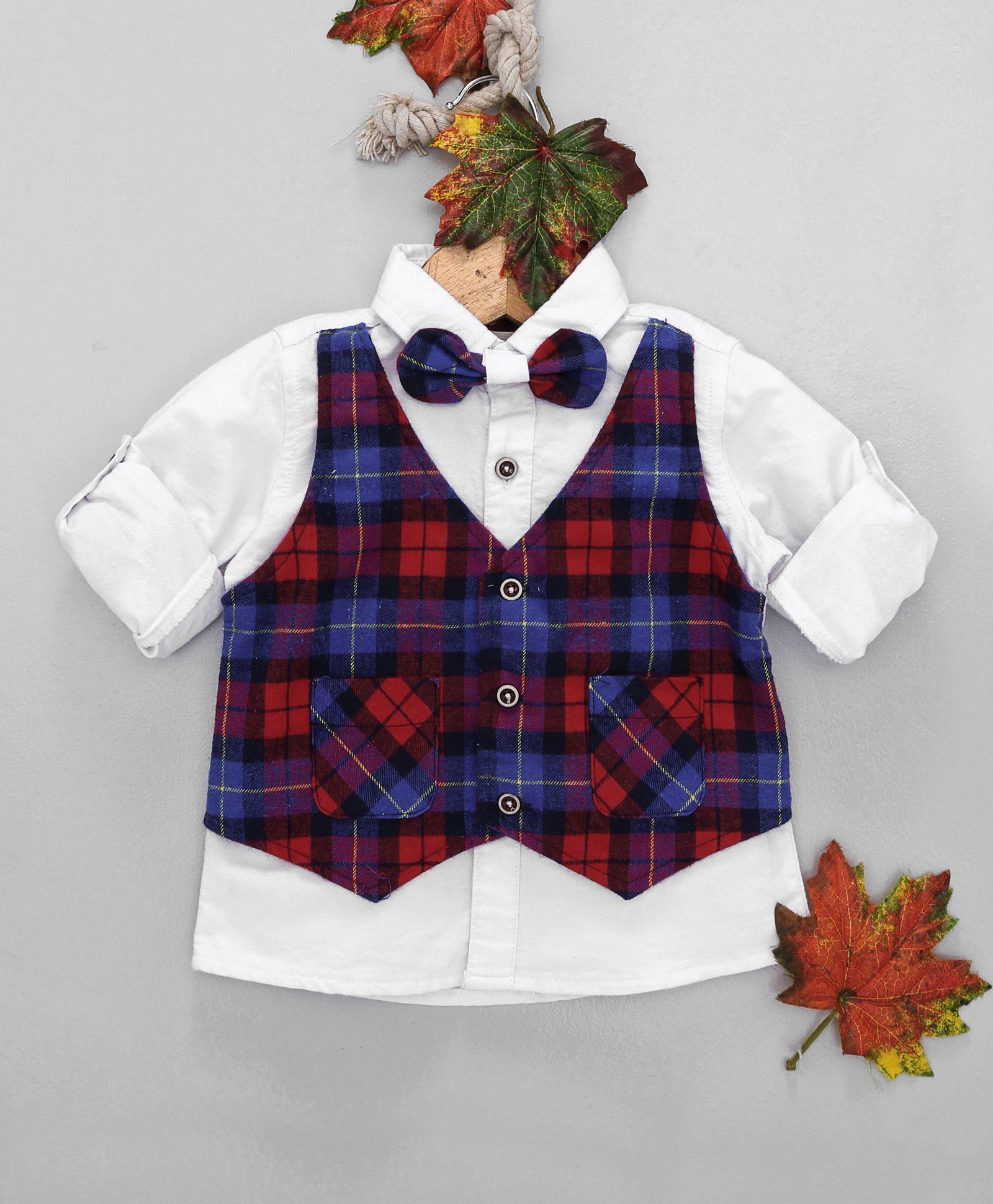 OB Baoney Checked Theme Full Sleeves Shirt With Mock Waistcoat & Bow - Red & Blue