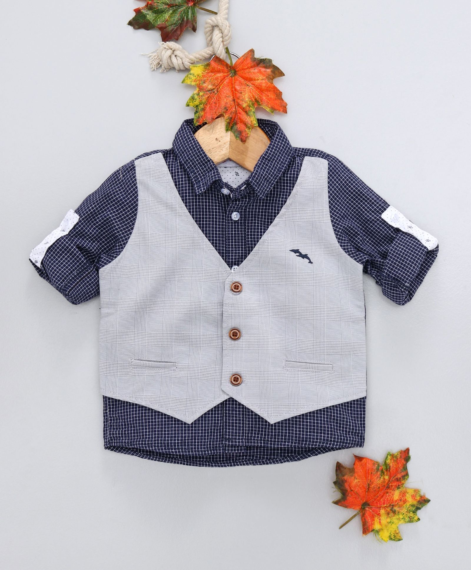 OB Baoney Full Sleeves Checks Shirt With Mock Waistcoat - Blue