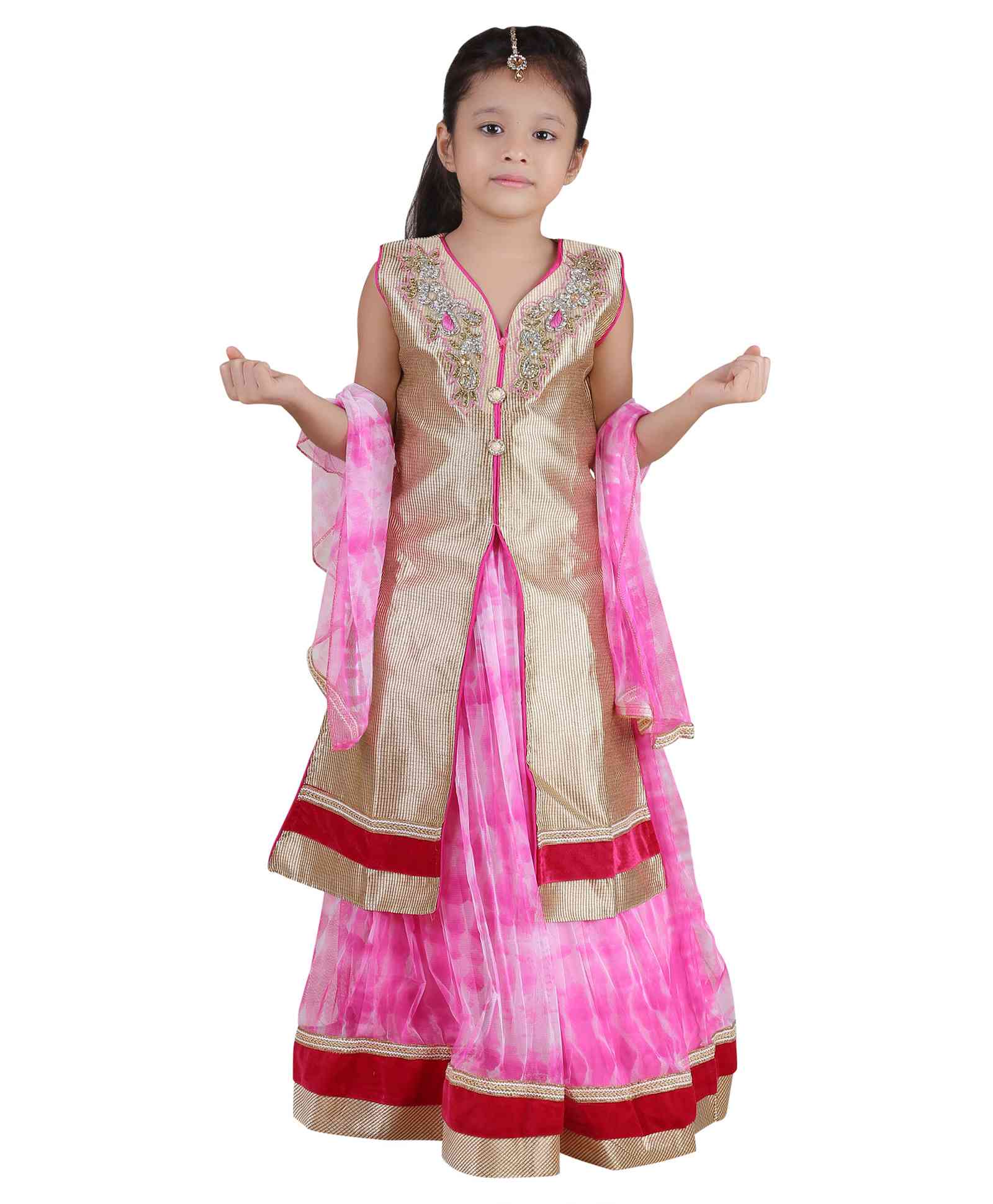 Qeboo Embroidered Long Jacket & Lehenga Set With Dupatta - Pink