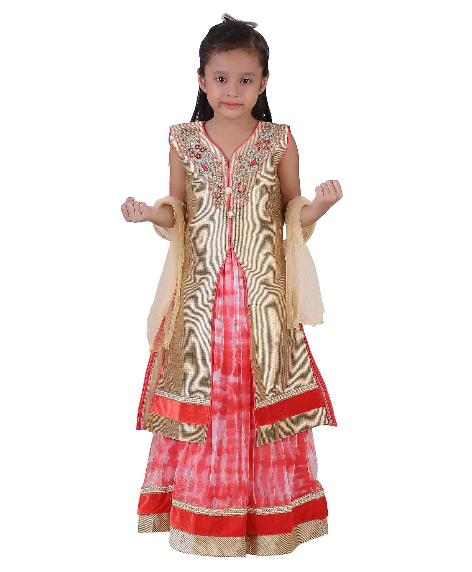 Qeboo Embroidered Long Jacket & Lehenga Set With Dupatta - Red