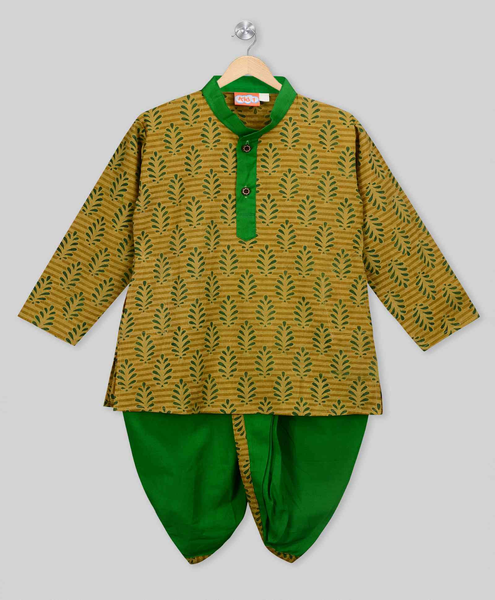 KID1 Leaf Printed Full Sleeves Kurta & Dhoti Set - Green
