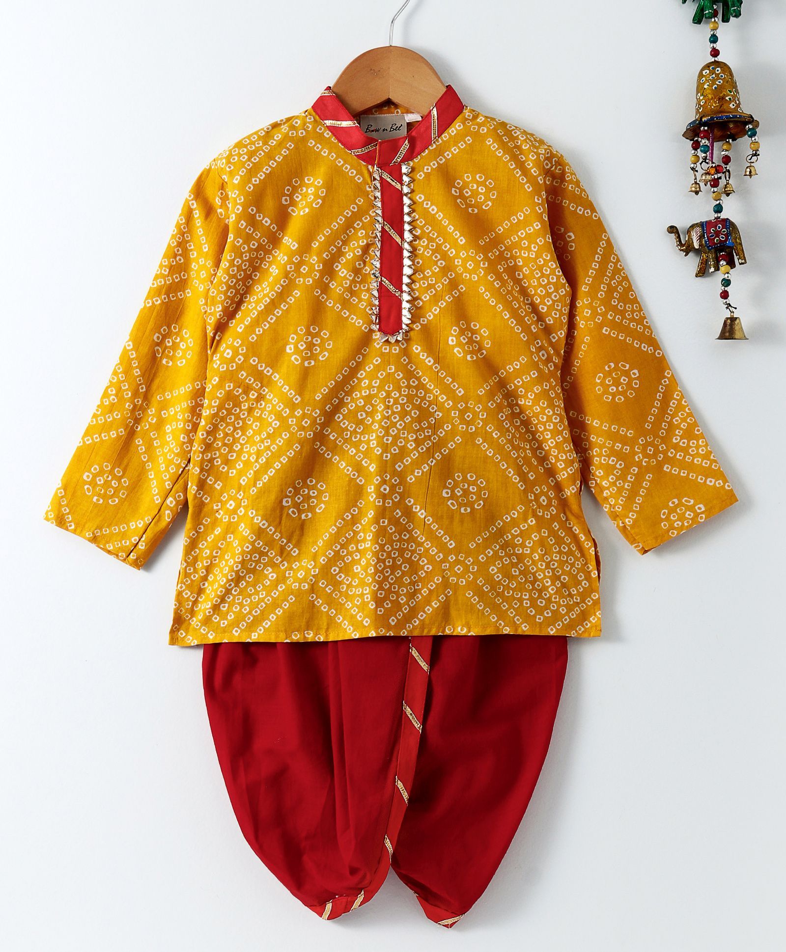 BownBee Jaipuri Print Cambric Cotton Dhoti Kurta - Yellow