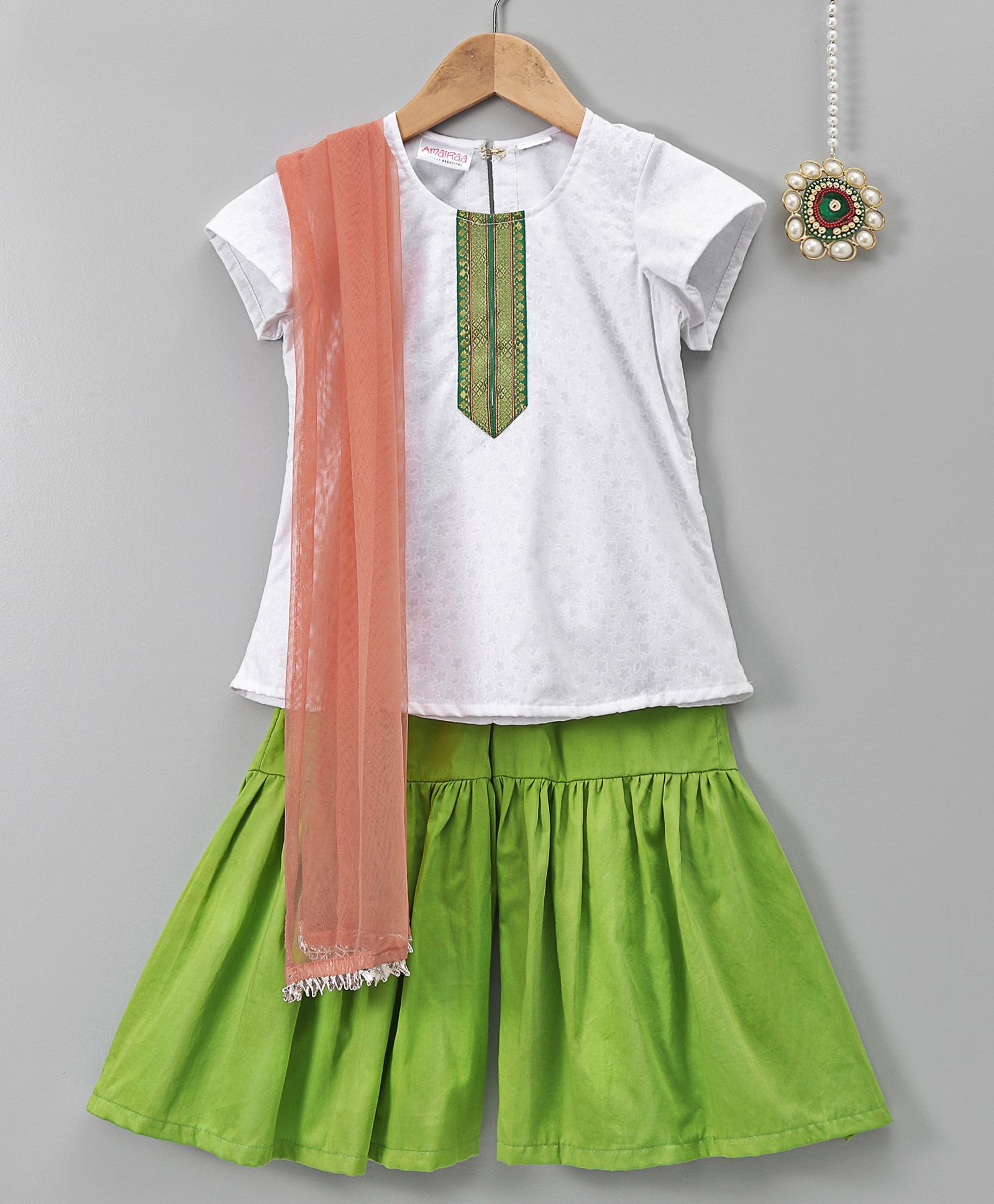 Amairaa Short Sleeves Kurta With Sharara & Dupatta Set - White & Green