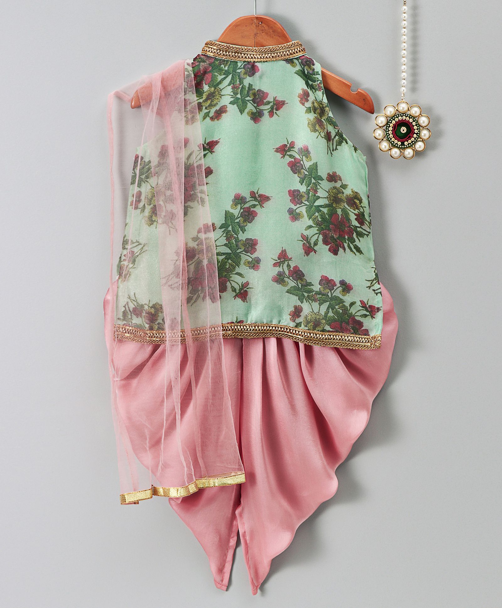 Amairaa Floral Print Kurti With Dhoti & Dupatta Set - Green & Pink
