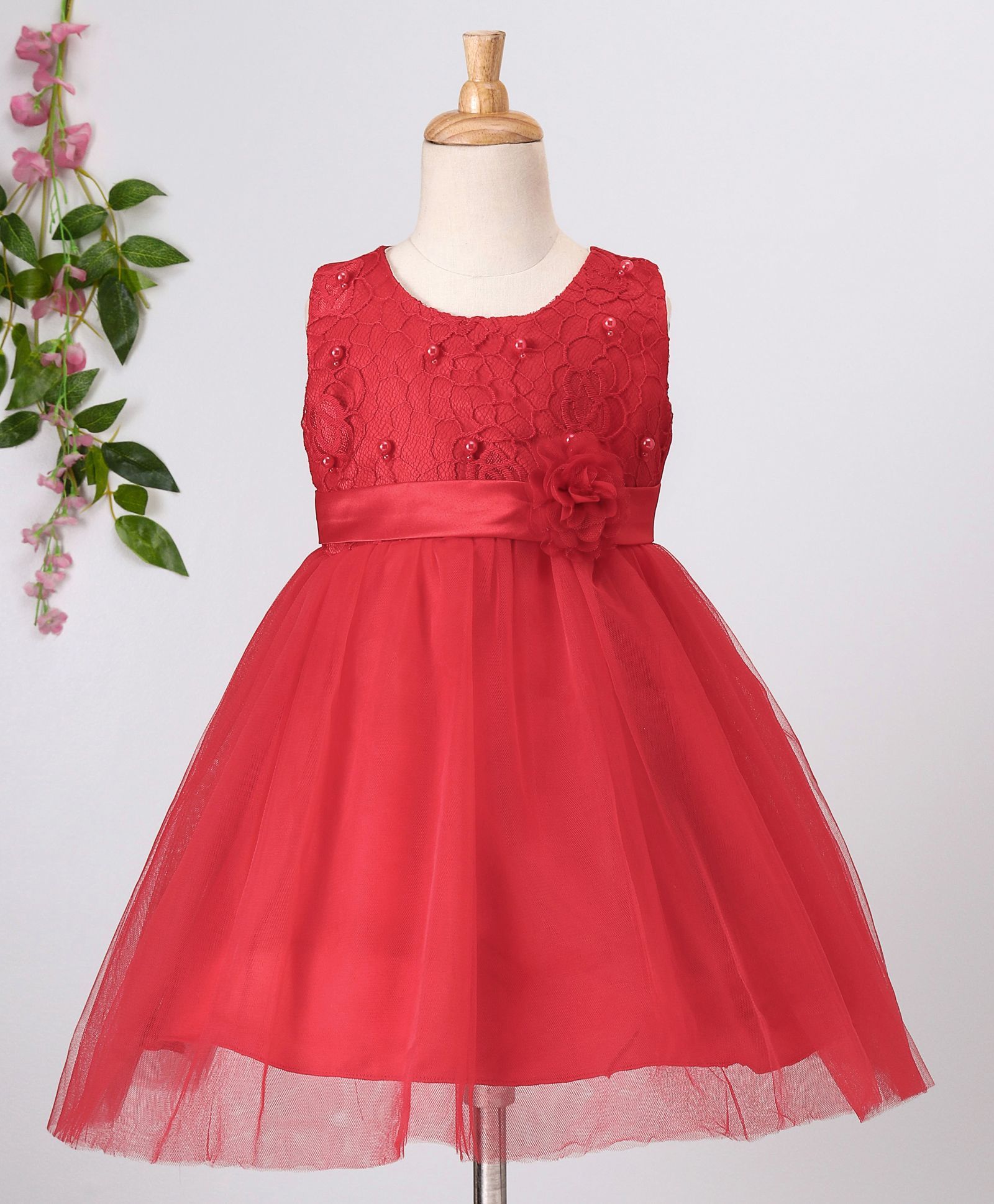 Aodaya Floral Embroidery Pearl Embellished Sleeveless Dress - Red