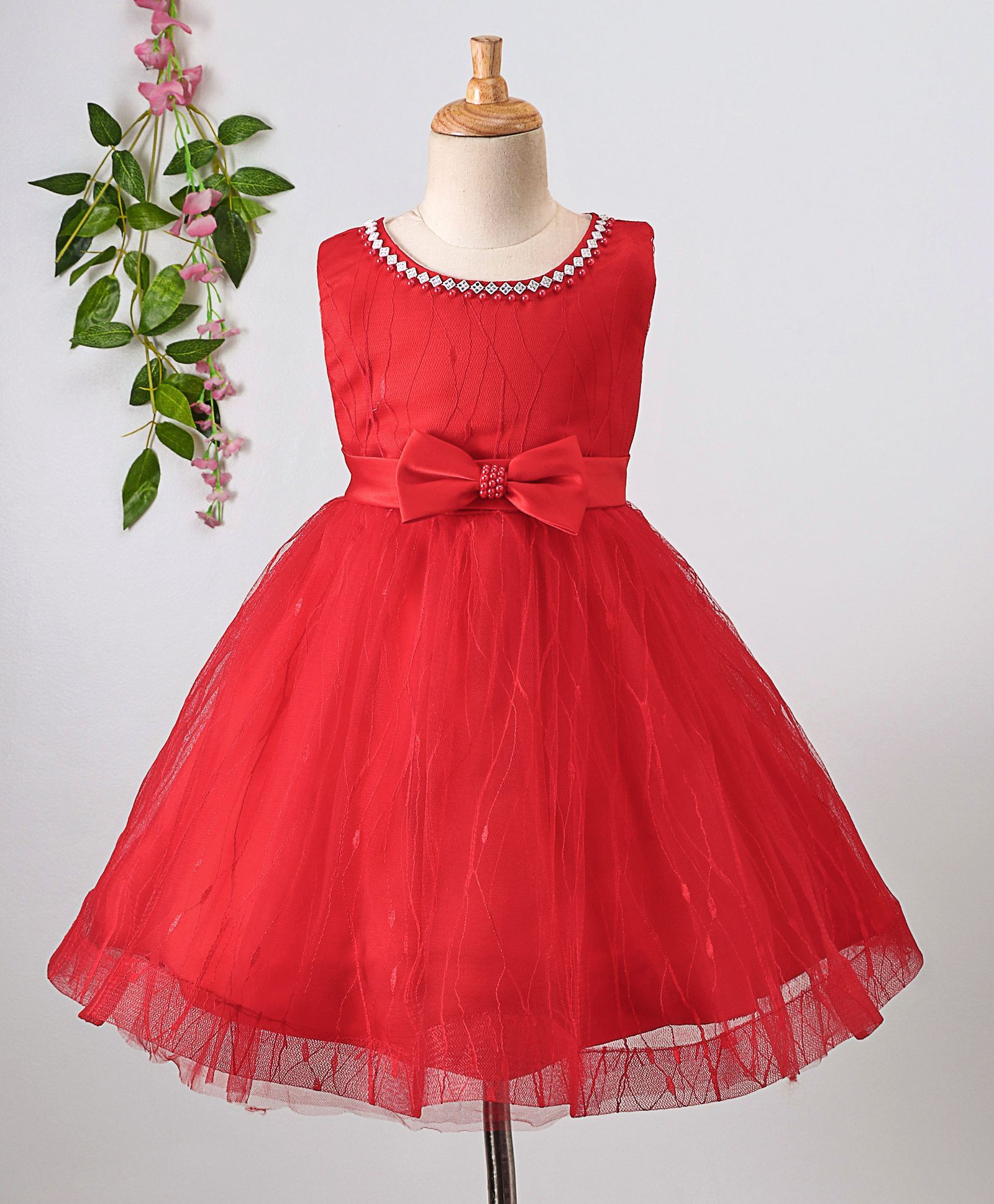 Aodaya Bow Applique Sleeveless Net Dress - Red