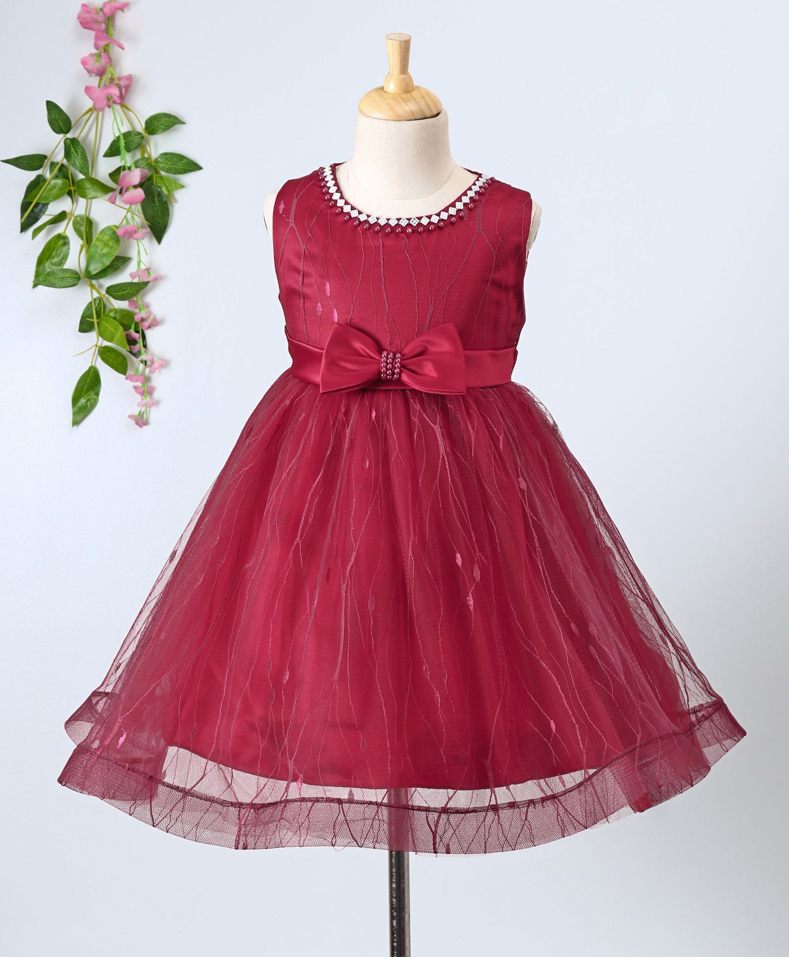 Aodaya Bow Applique Sleeveless Net Dress - Maroon