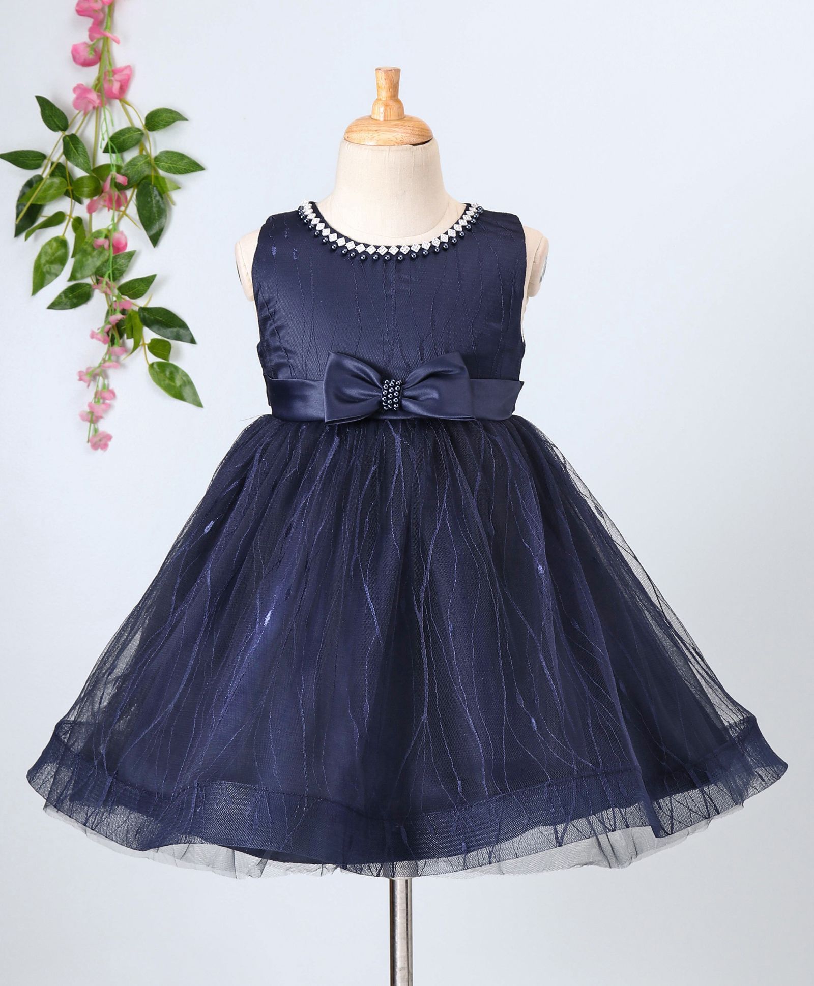 Aodaya Bow Applique Sleeveless Net Dress - Navy