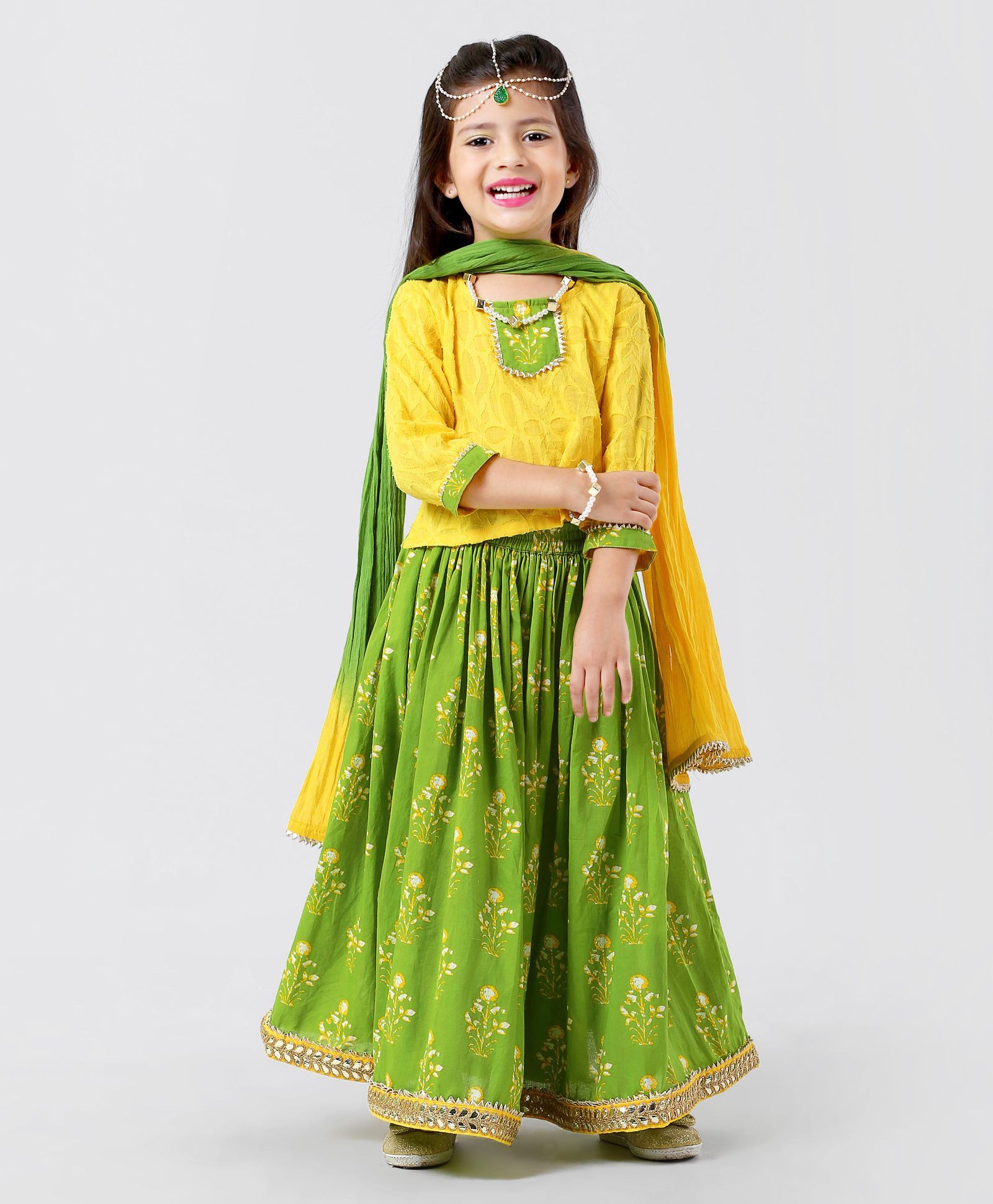 Exclusive from Jaipur Three Fourth Sleeves Choli & Printed Lehenga Set - Yellow Green