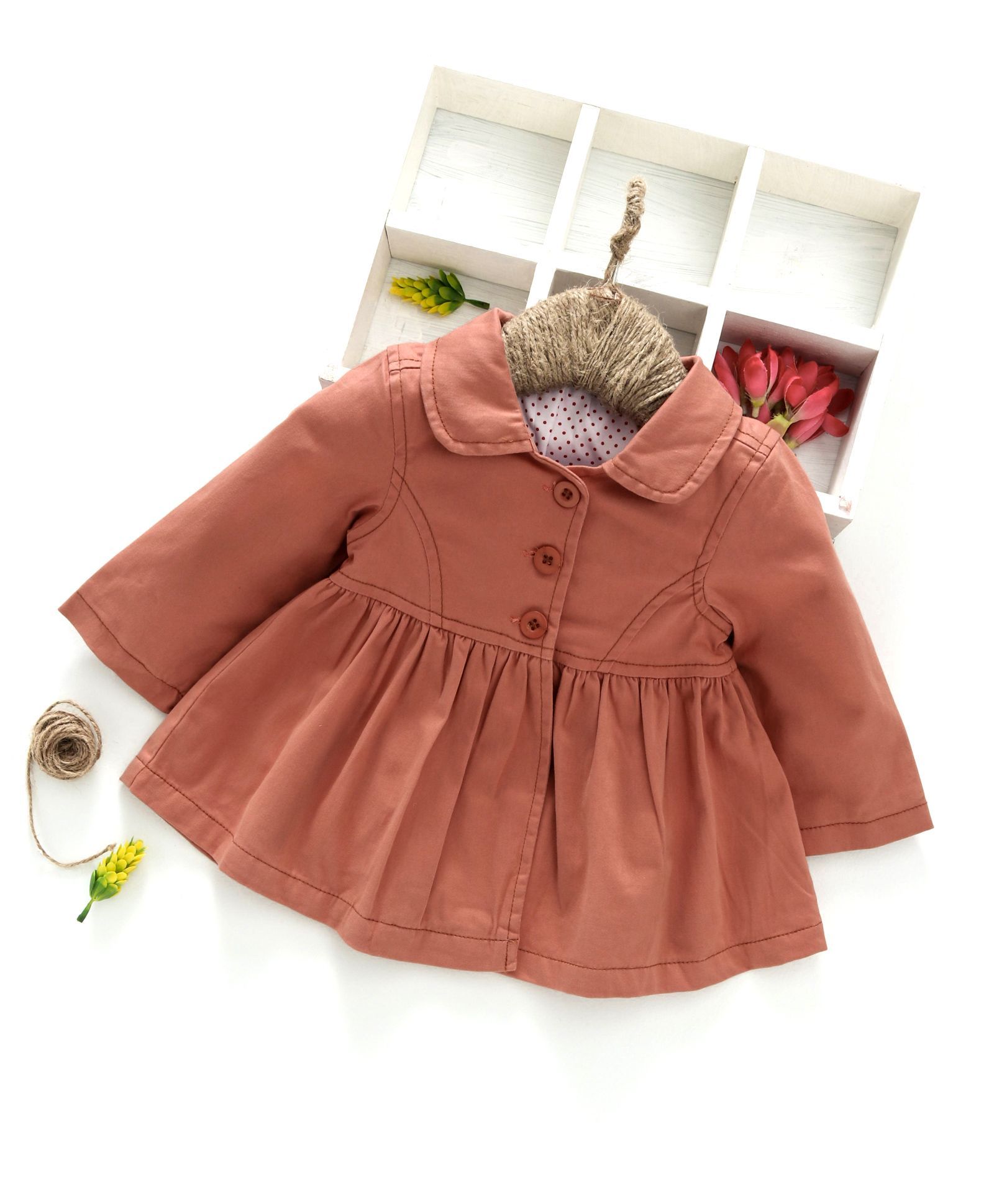 Memory Life Solid Full Sleeves Front Open Dress - Coral