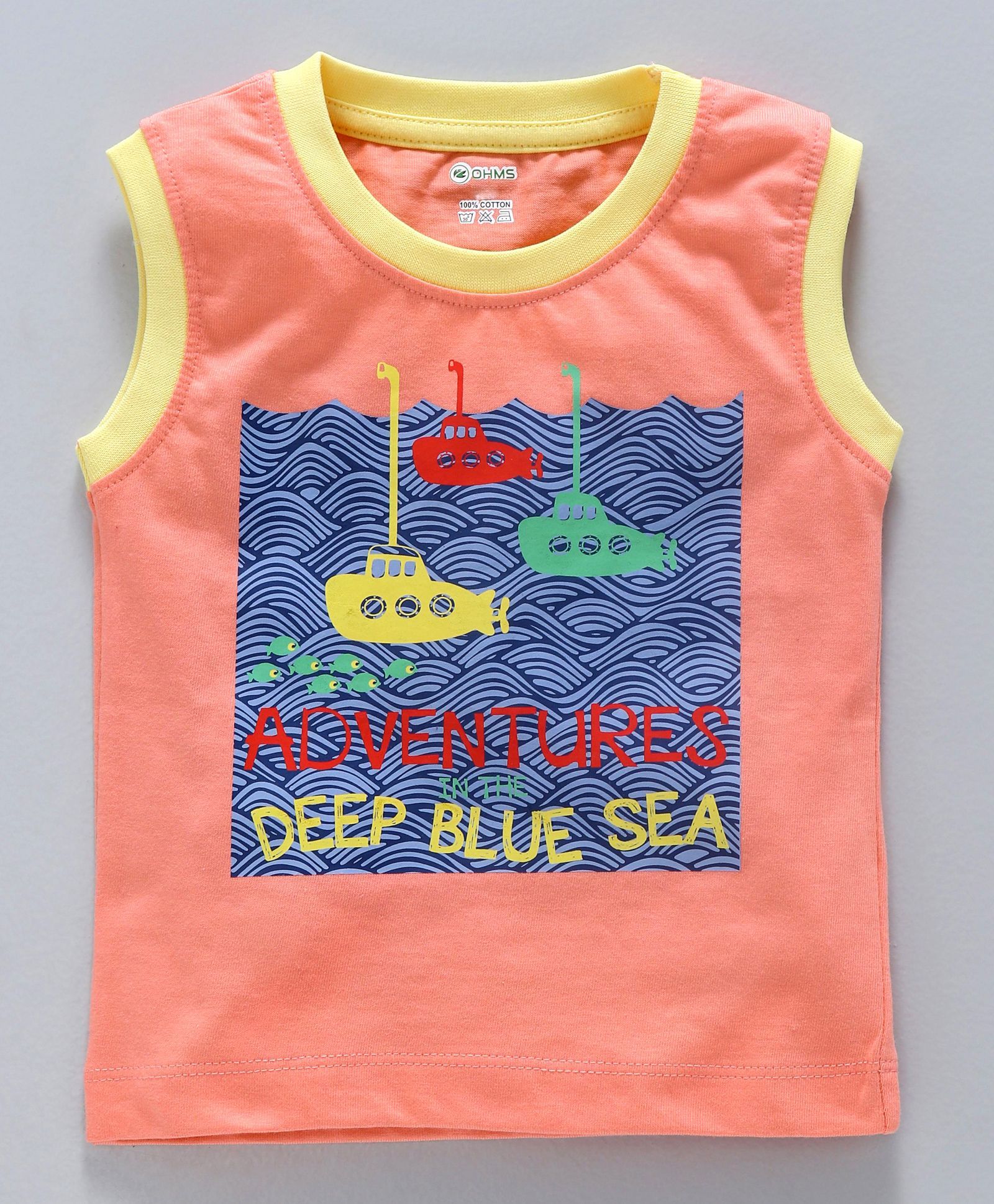 Ohms Sleeveless Cotton Vest Adventures Print - Peach