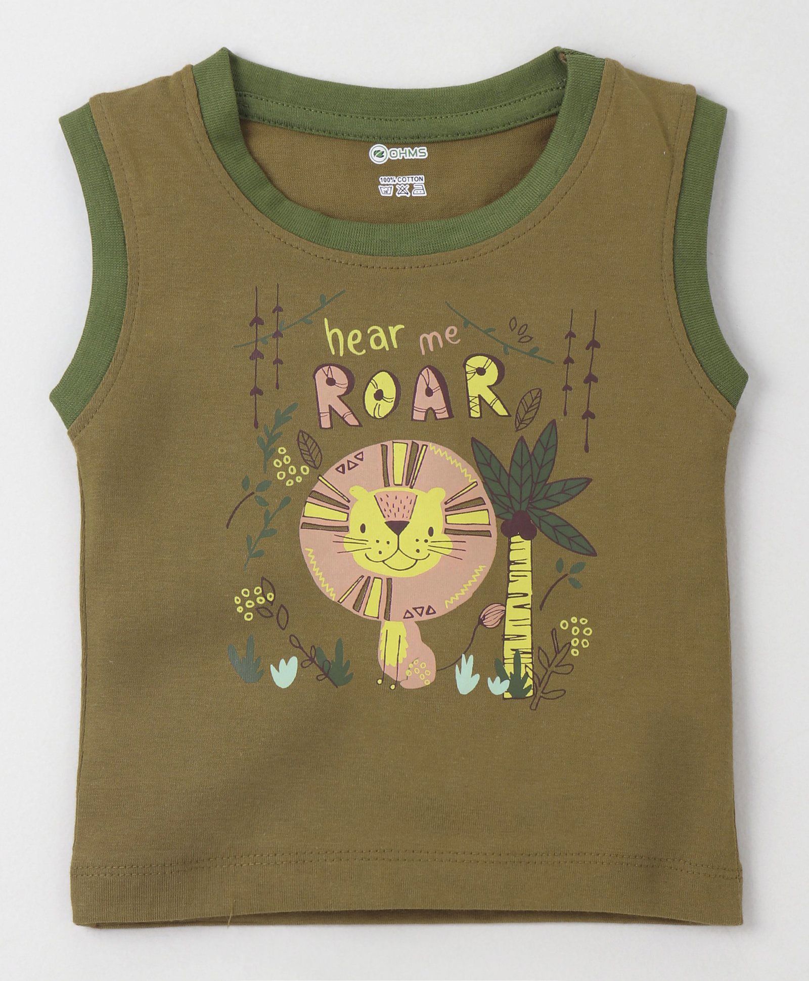 Ohms Sleeveless Cotton Vest Roar Print - Green
