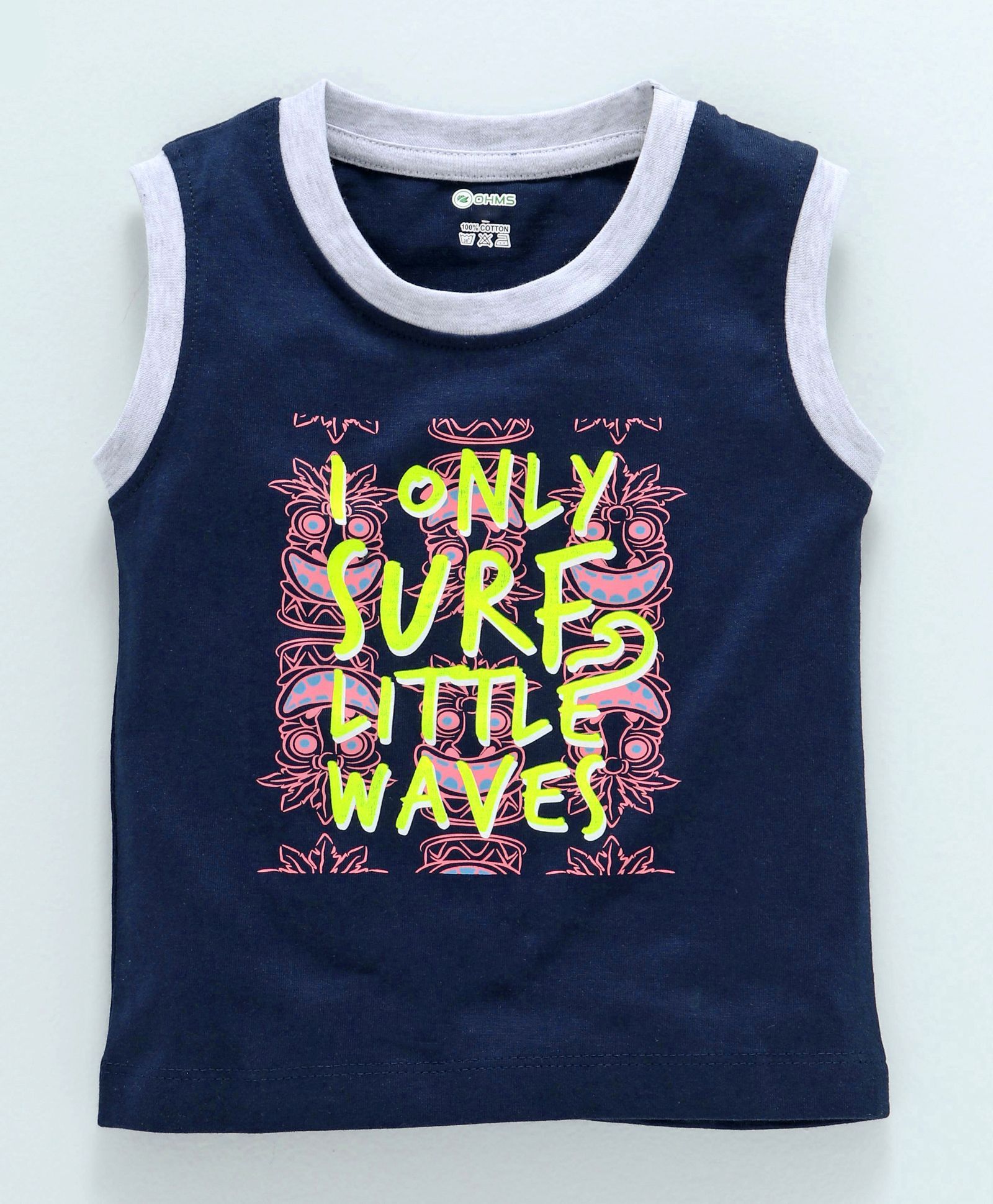 Ohms Sleeveless Cotton Vest Little Waves Print - Navy Blue
