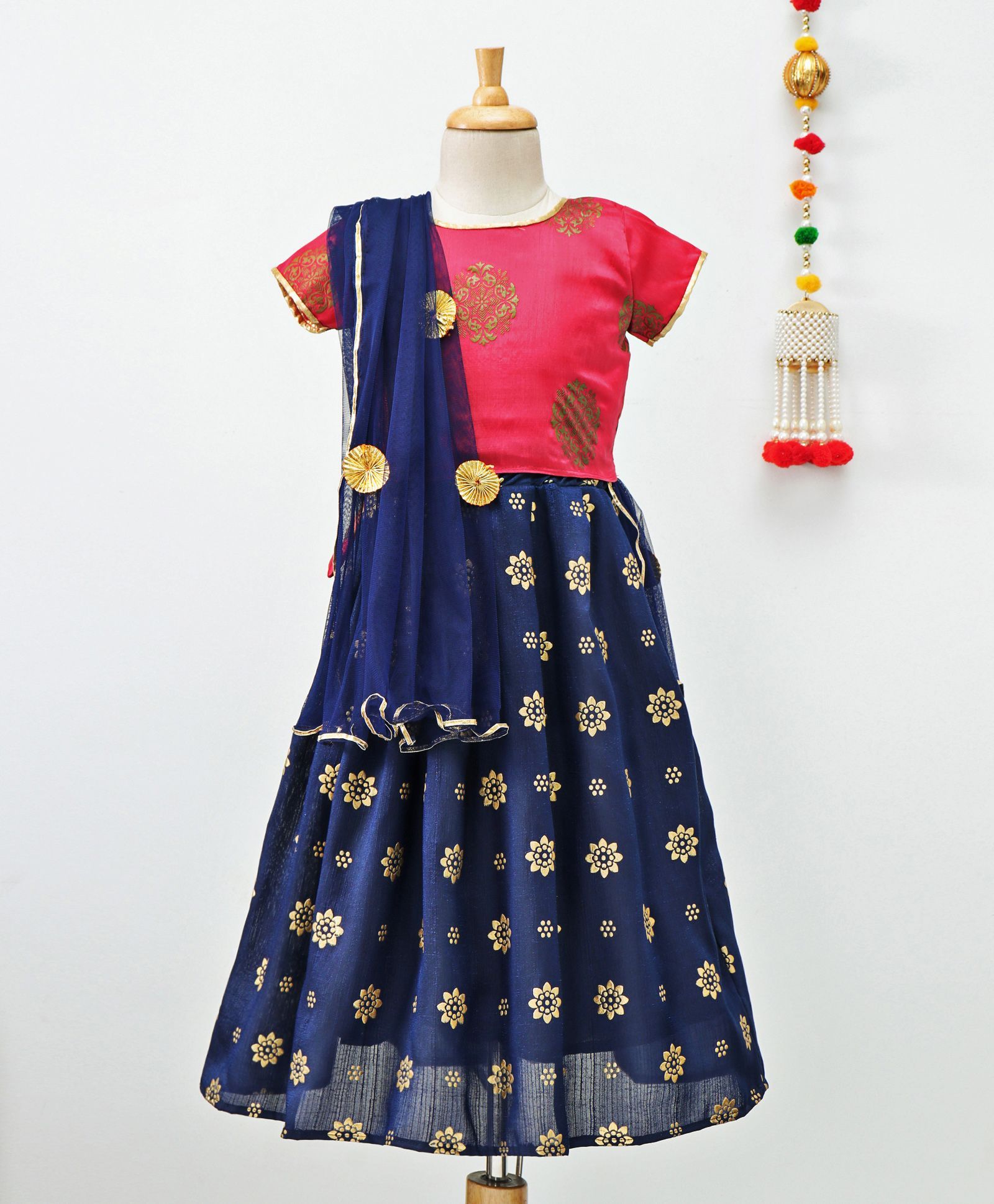 Khilkariyan Short Sleeves Embroidered Choli With Floral Print Lehenga & Dupatta Set - Pink & Navy