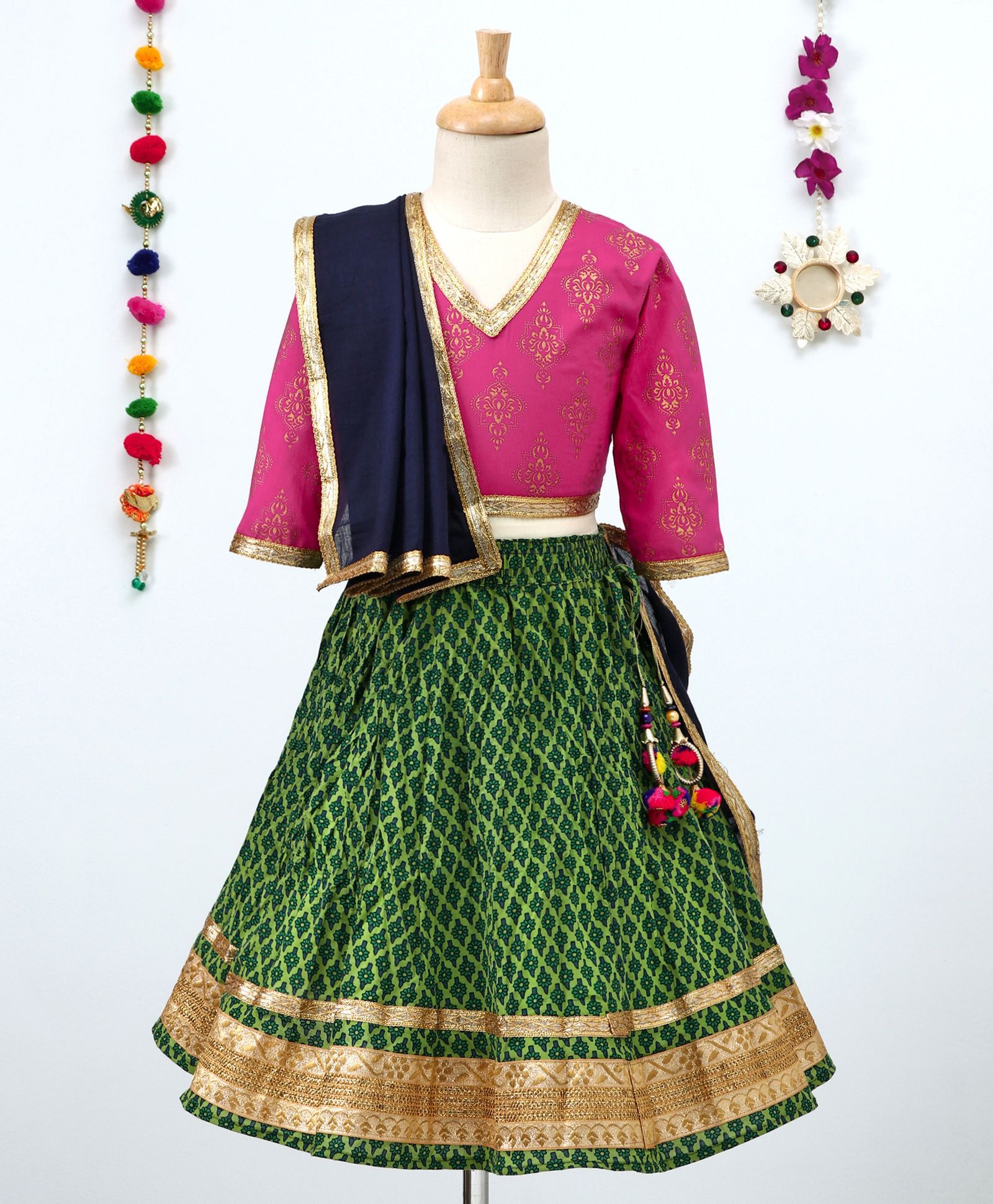 Kidcetra Printed Choli And Lehenga With Dupatta - Green Pink & Blue