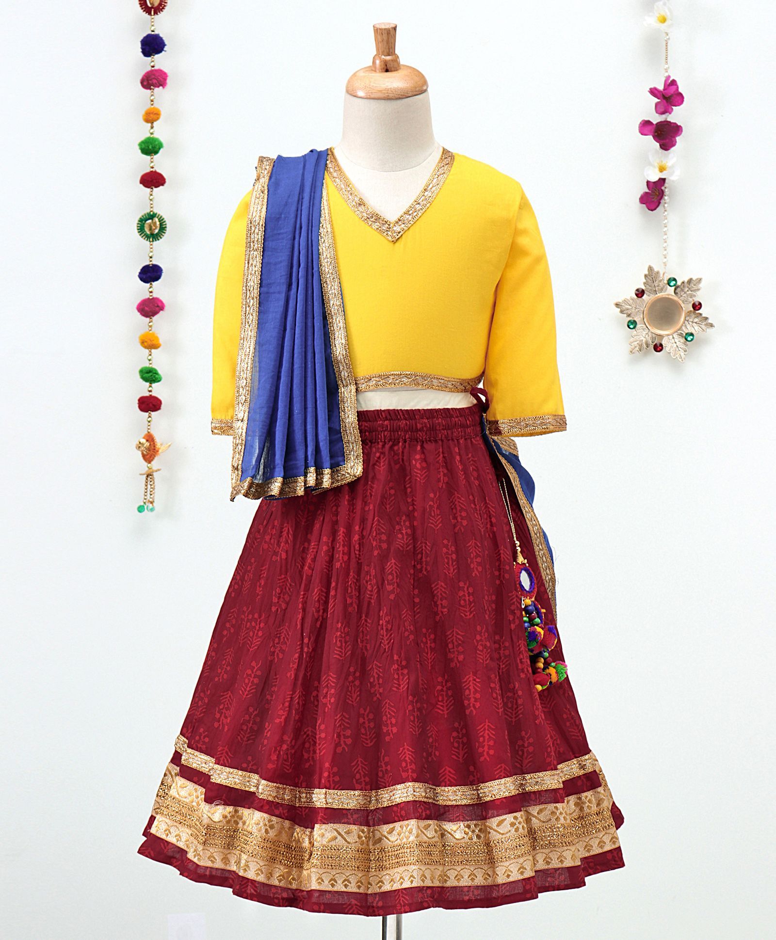 Kidcetra Solid V Neck Choli And Printed Lehenga With Dupatta - Red Yellow & Blue