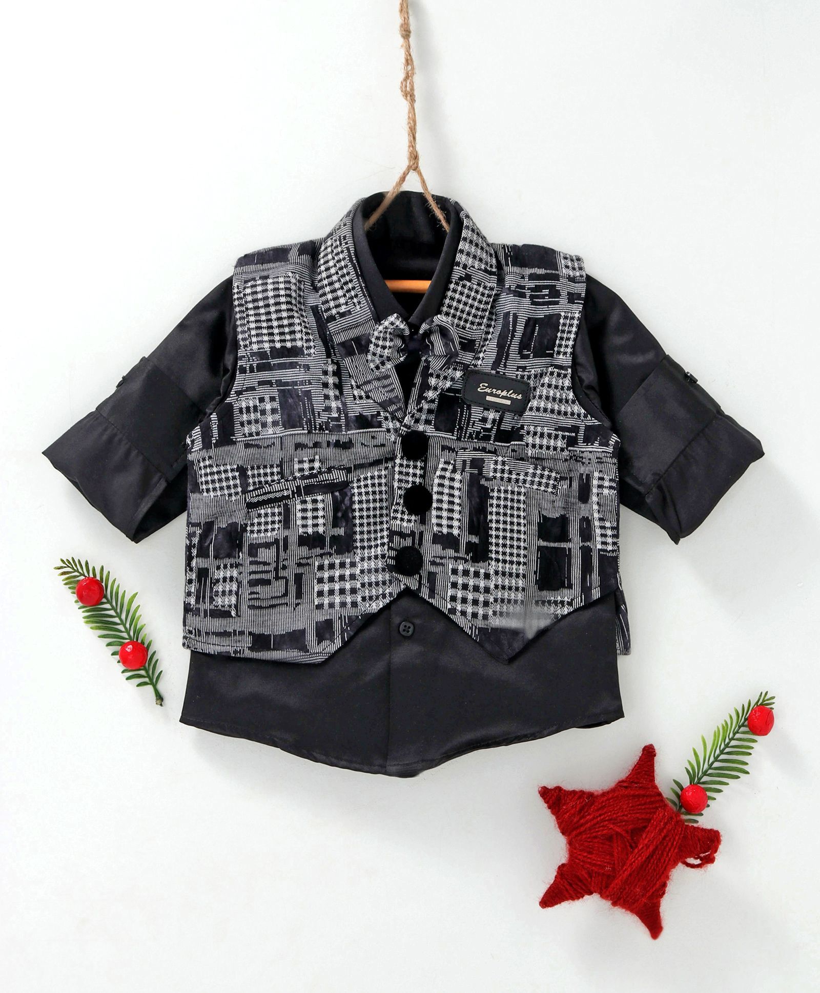 Rikidoos Full Sleeves Shirt With Abstract Design Waistcoat - Black
