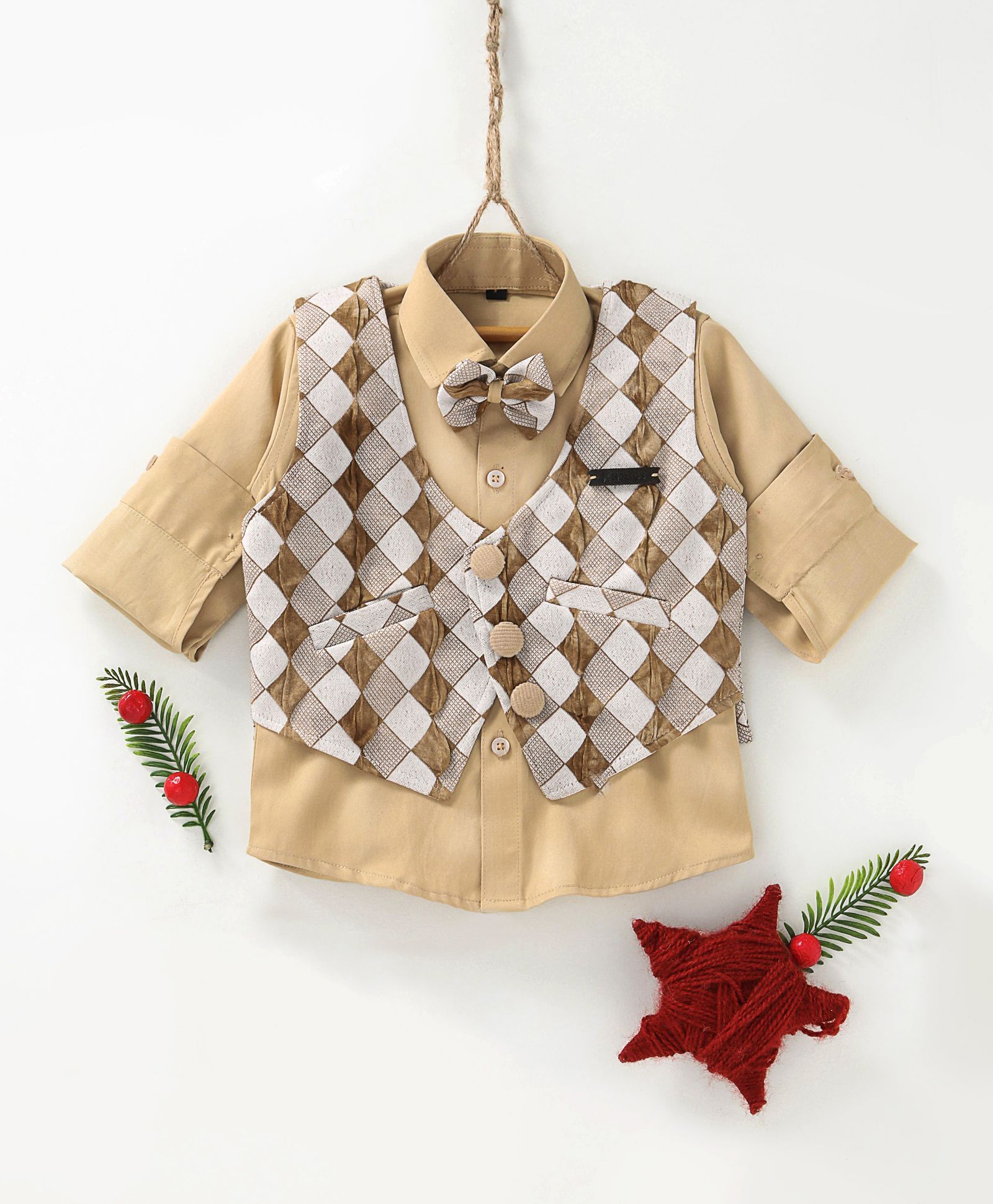 Rikidoos Full Sleeves Shirt With Daimond Design Waistcoat & Bow - Yellow