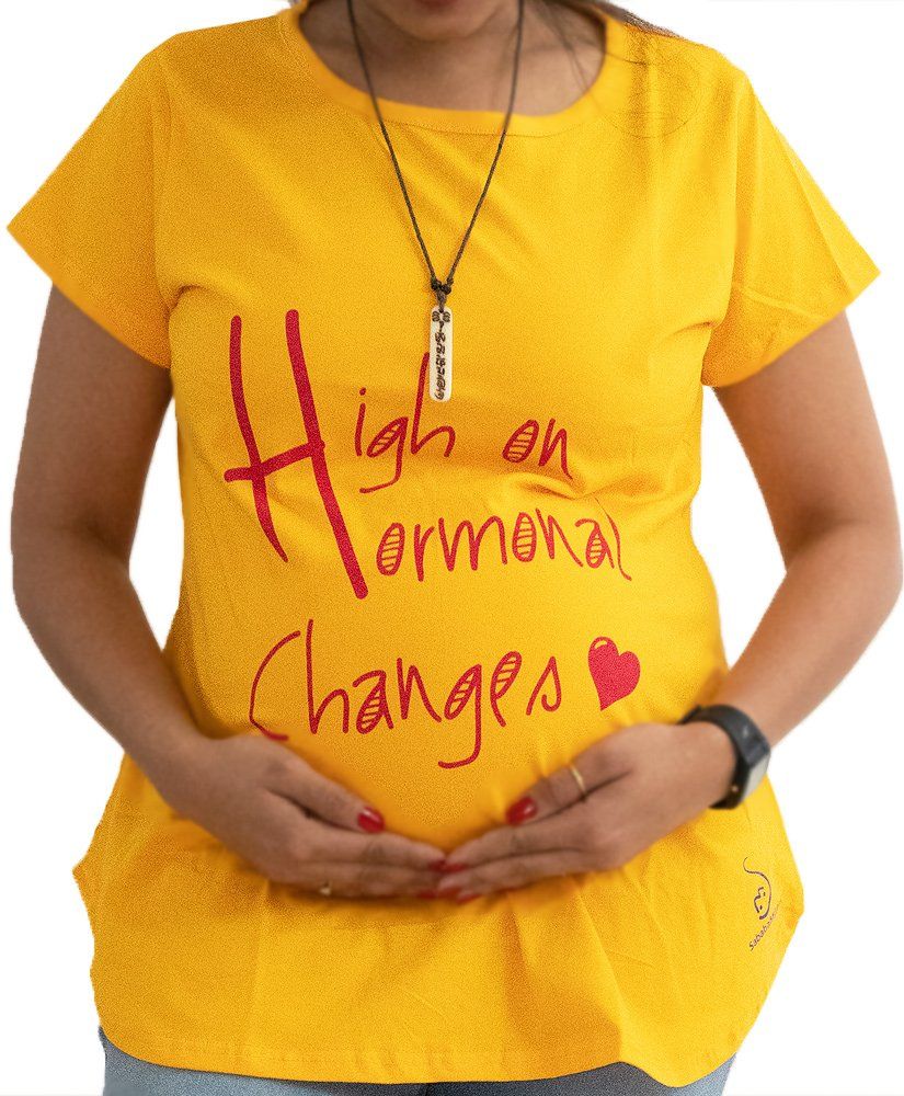 Sababa Miteri Short Sleeves Maternity Tee Text Print - Yellow
