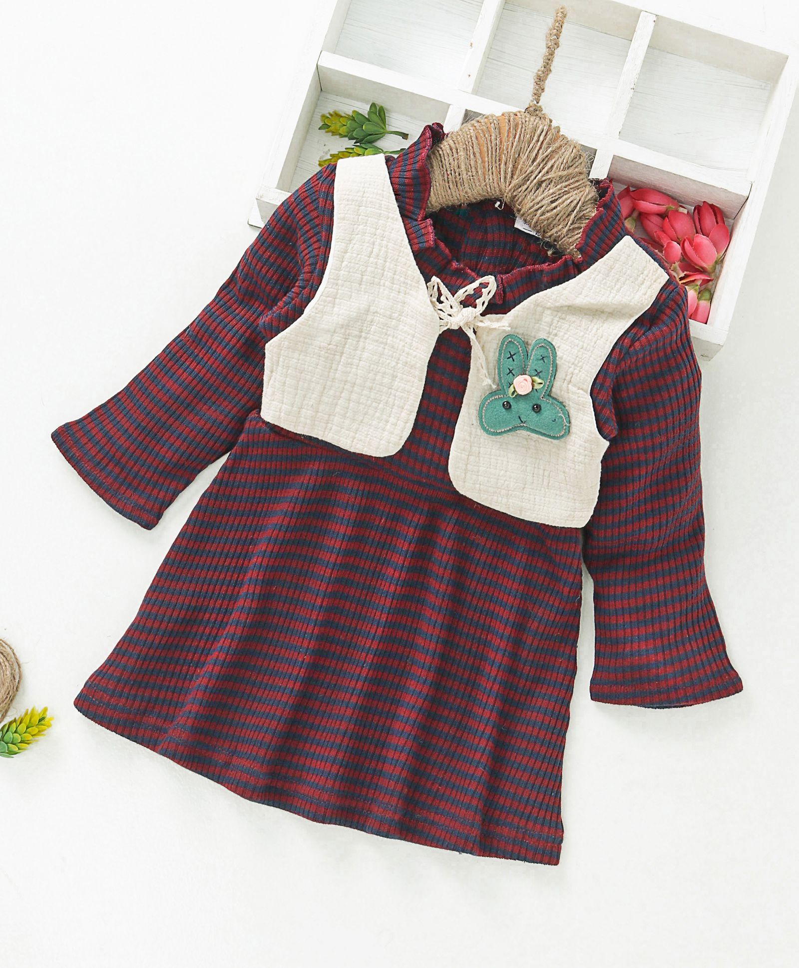Sen Sen Kids Striped Dress With Mock Shrug - Red & Navy