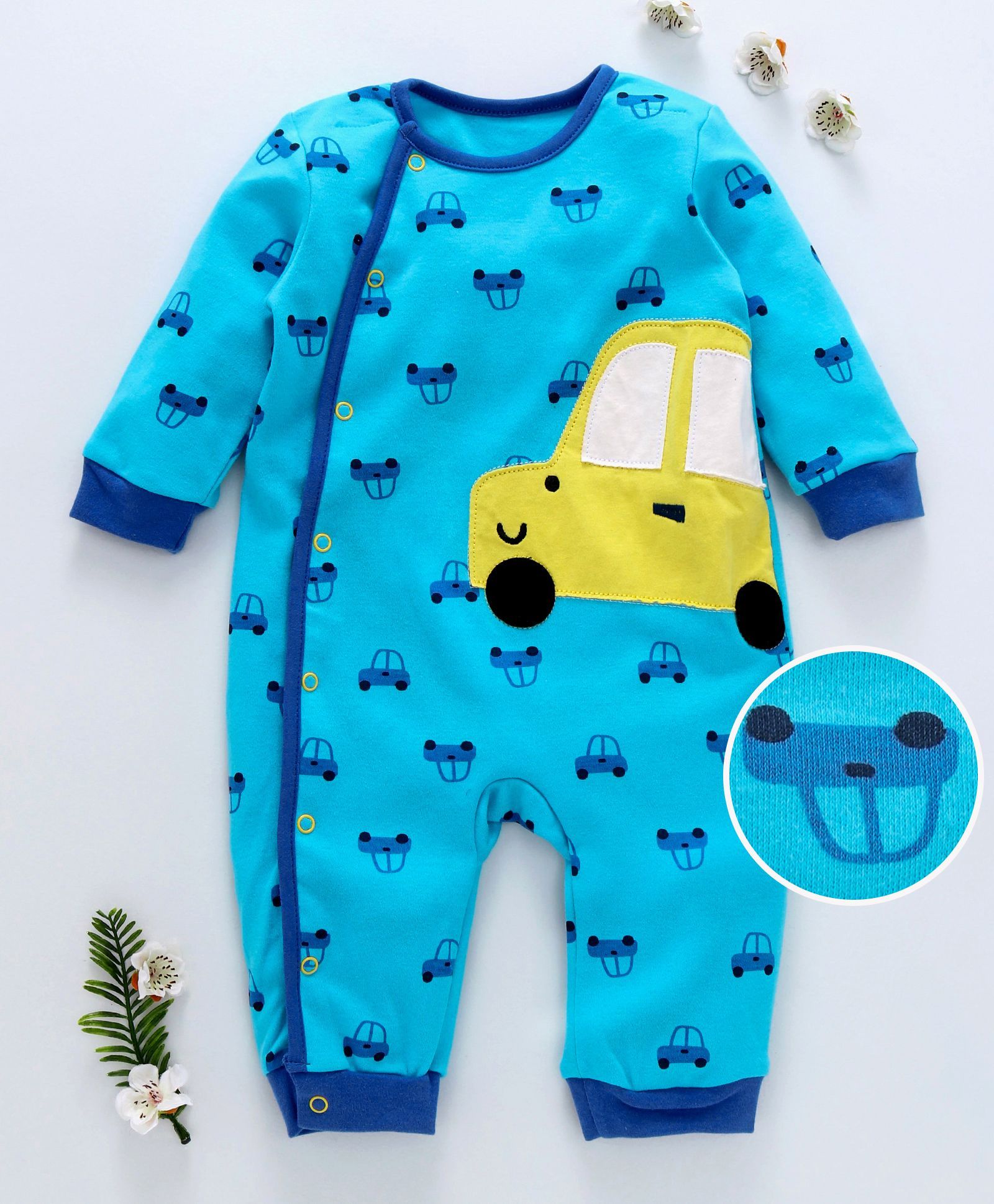 First Movement Car Printed Full Sleeves Romper - Blue