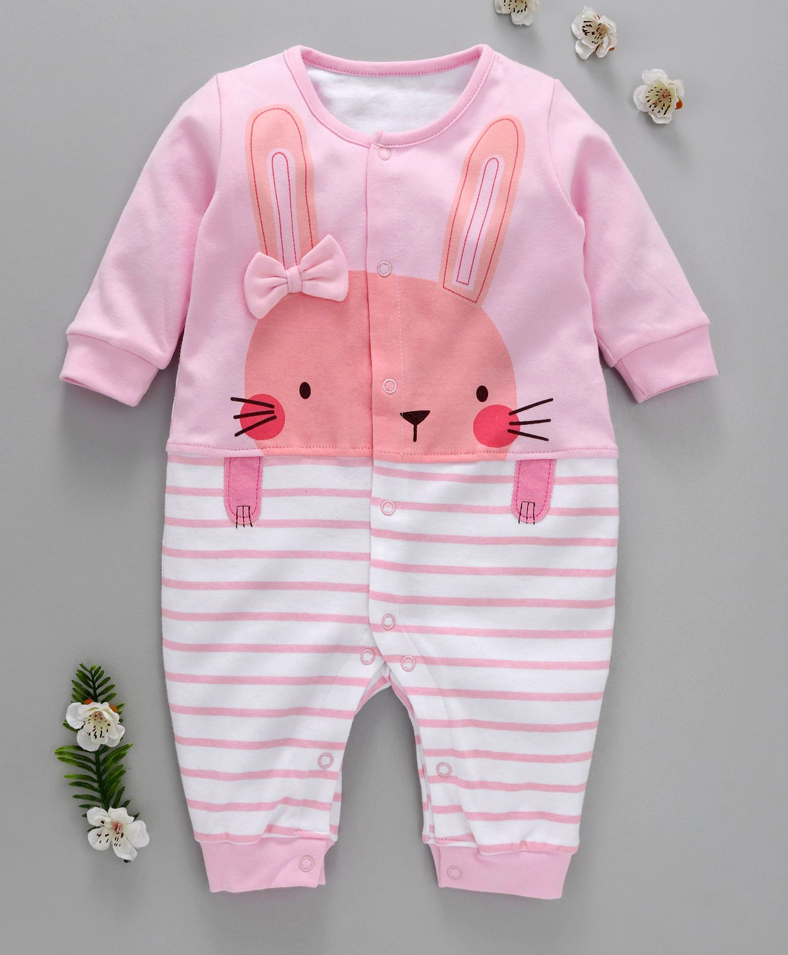 First Movement Bunny Print Striped Full Sleeves Romper - Pink