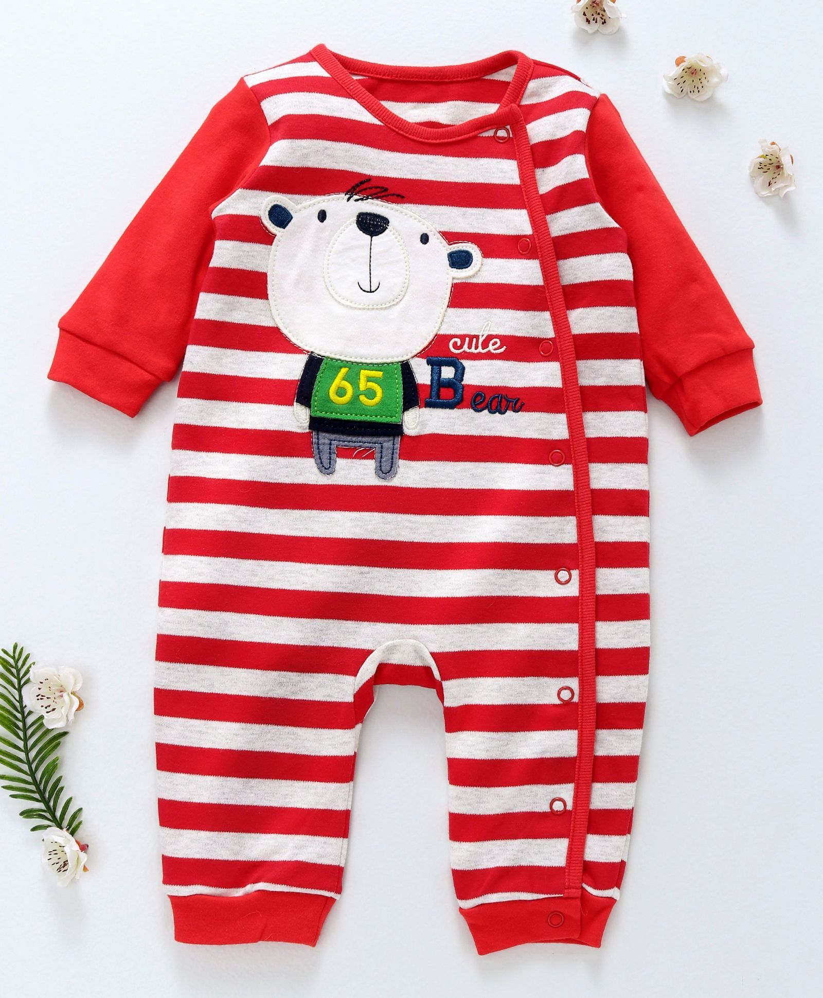 First Movement Bear Applique Striped Full Sleeves Romper
