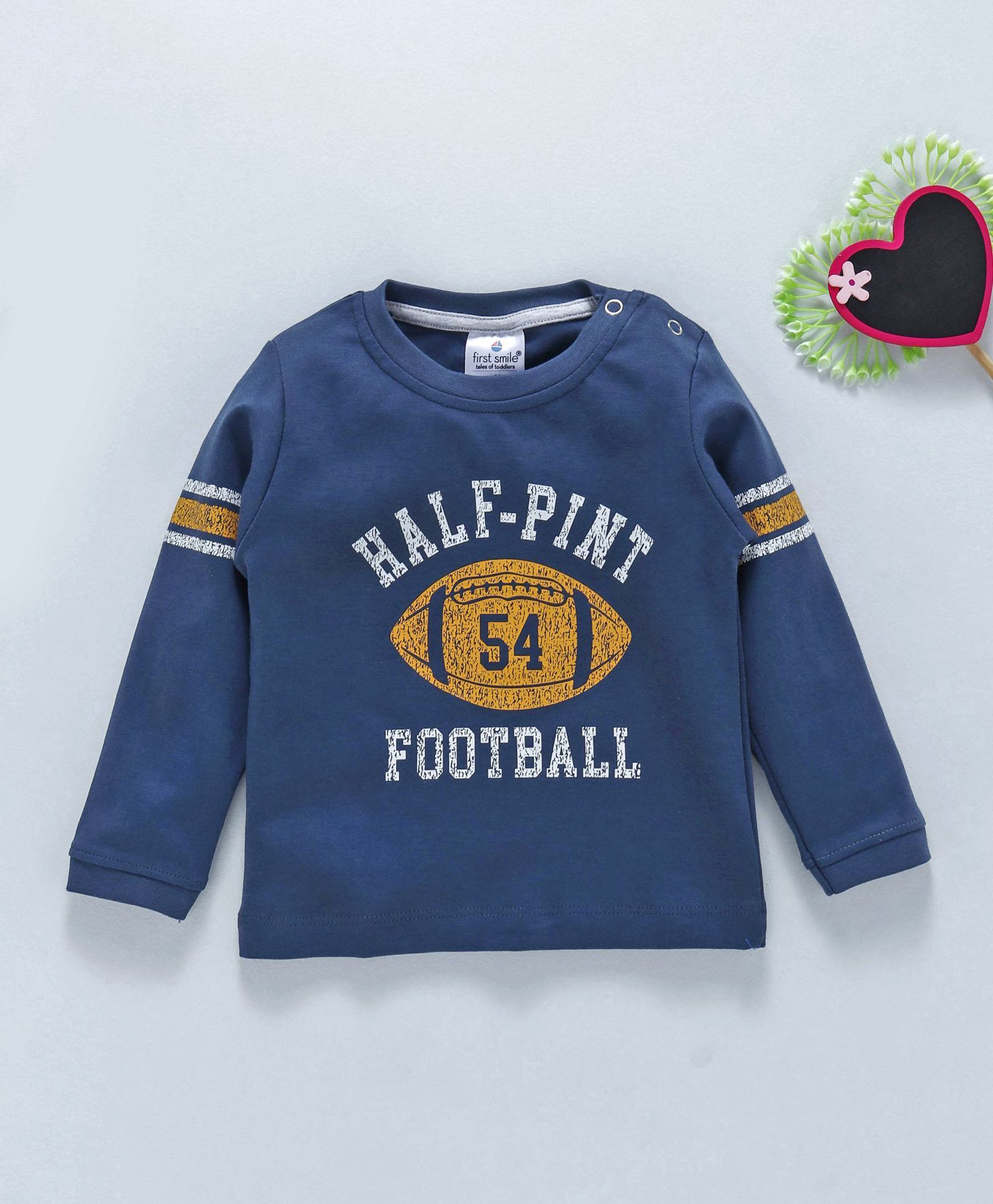 First Smile Full Sleeves Tee Text & Rugby Ball Print - Blue