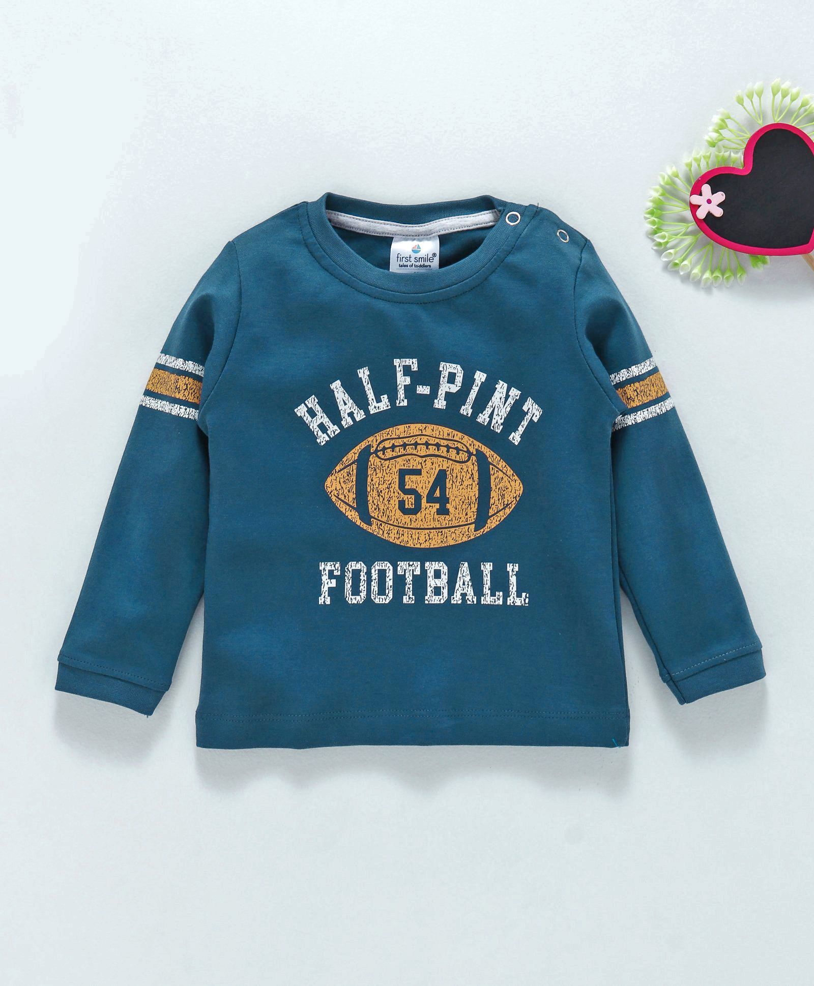 First Smile Full Sleeves Tee Text & Rugby Ball Print - Teal Blue
