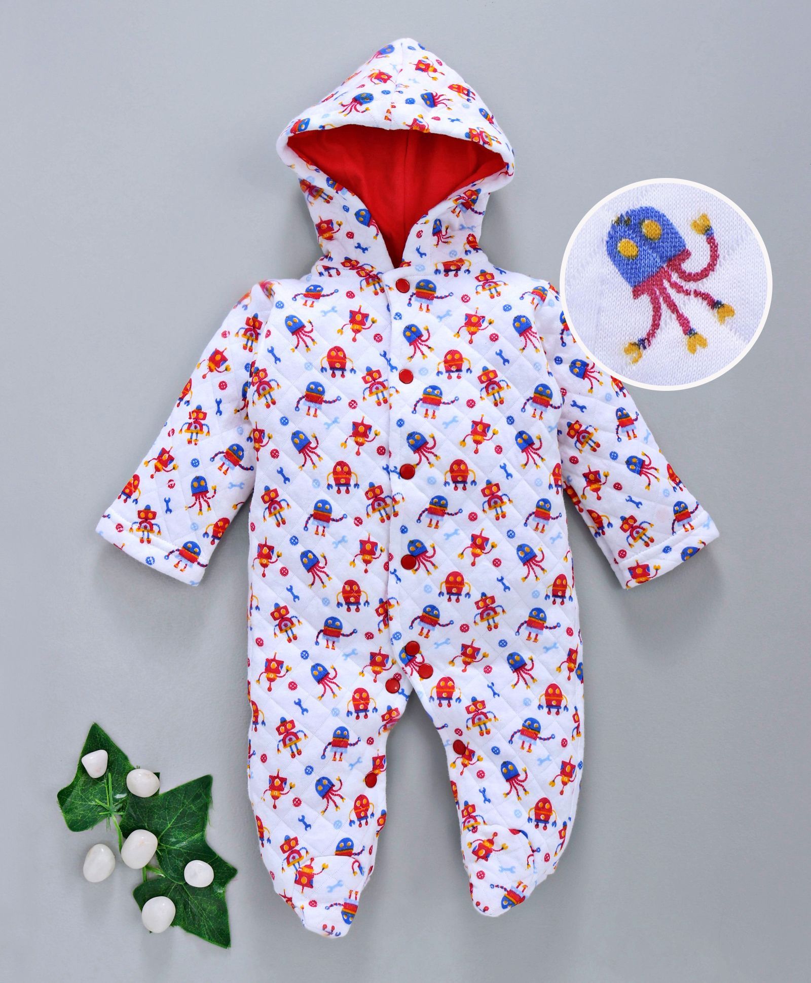 Tappintoes Winter Wear Hooded Romper Allover Print - Red