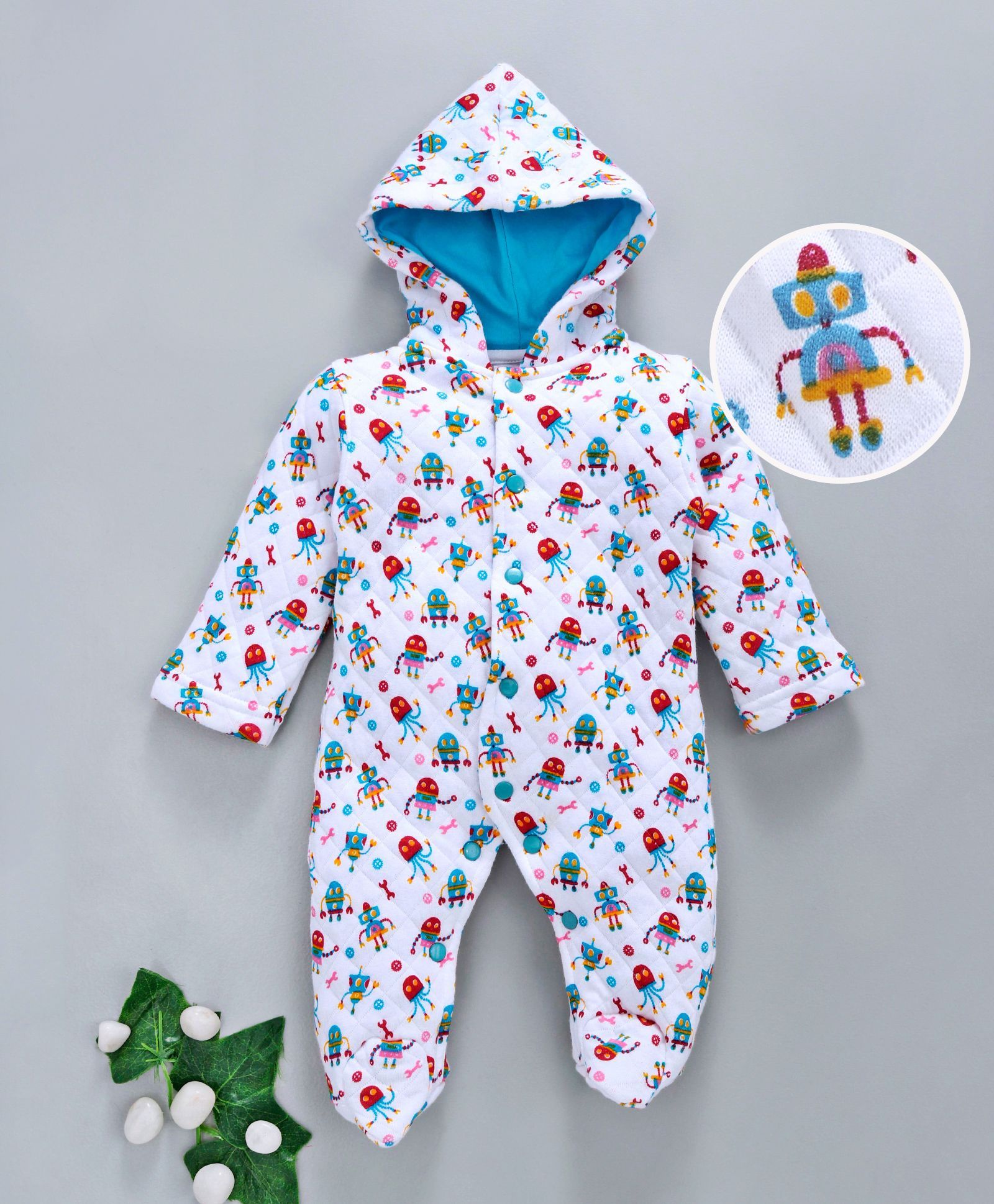 Tappintoes Winter Wear Hooded Romper Allover Print - Blue
