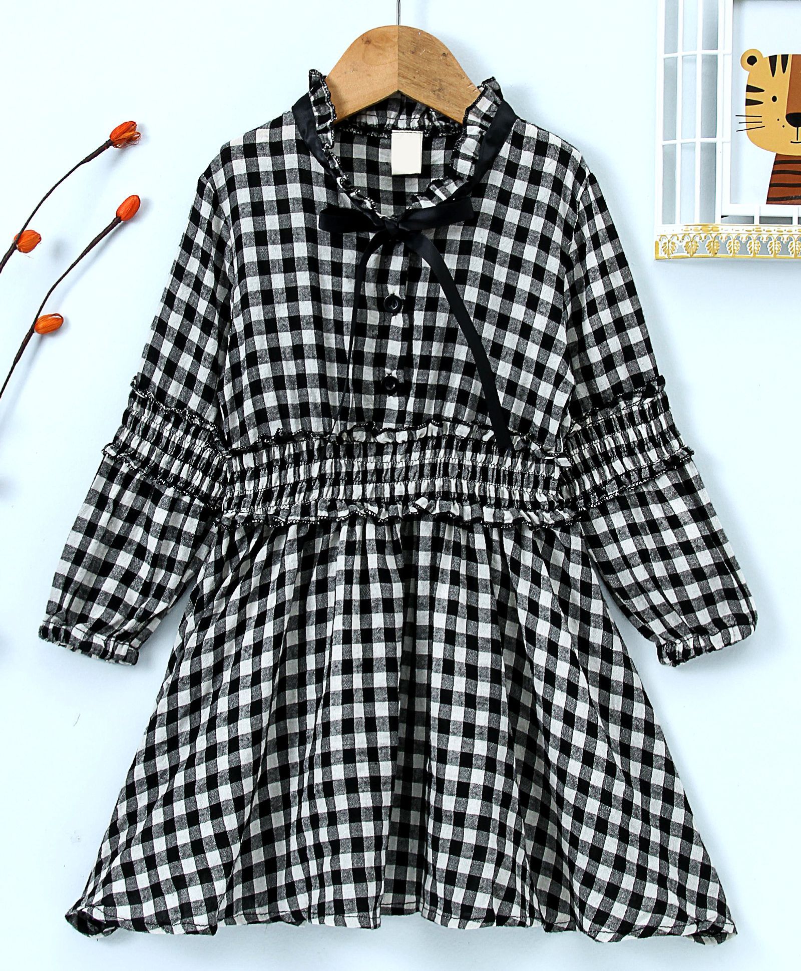 Kookie Kids Checked Full Sleeves Dress - Black & White