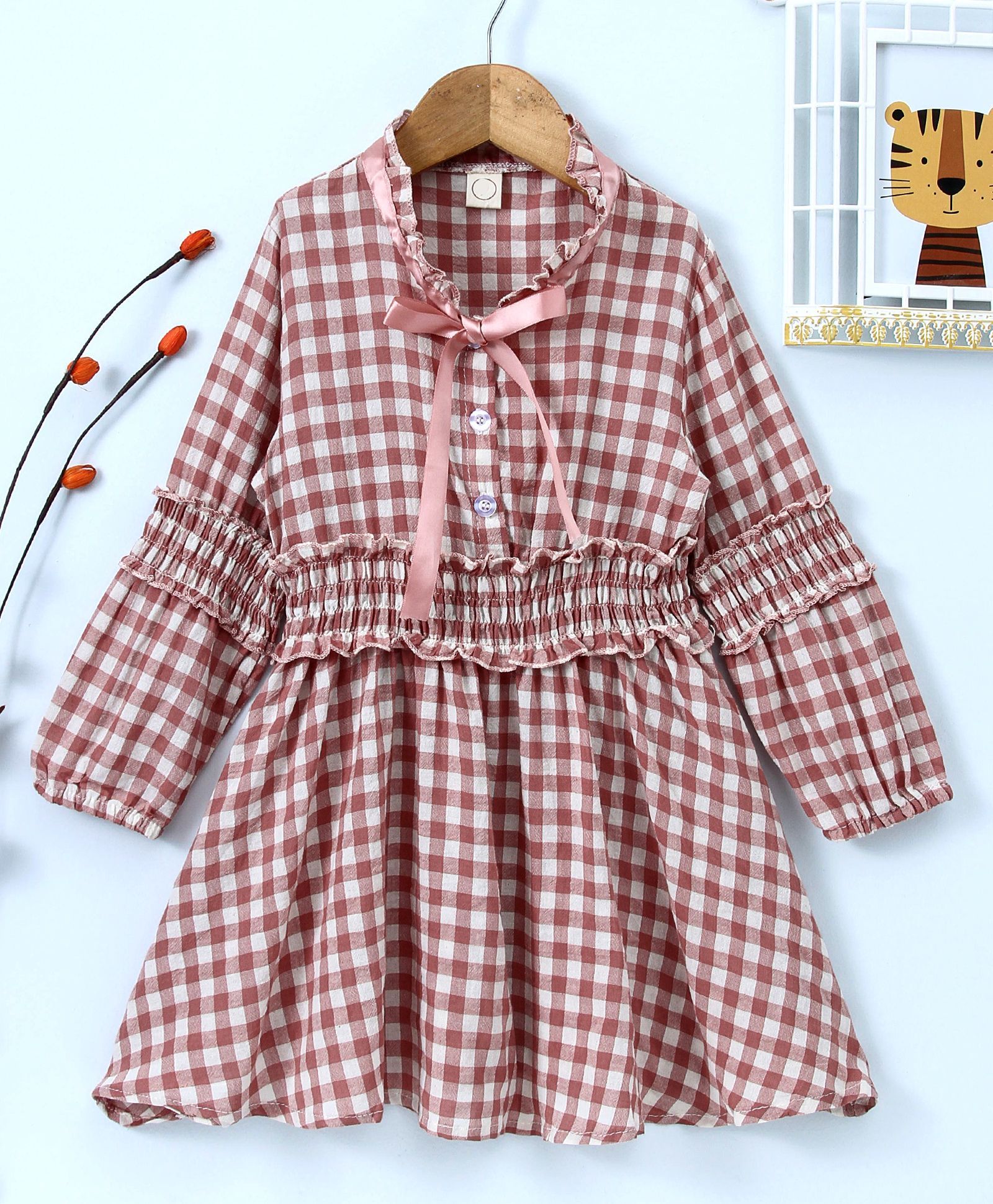 Kookie Kids Checked Full Sleeves Dress - Pink & White
