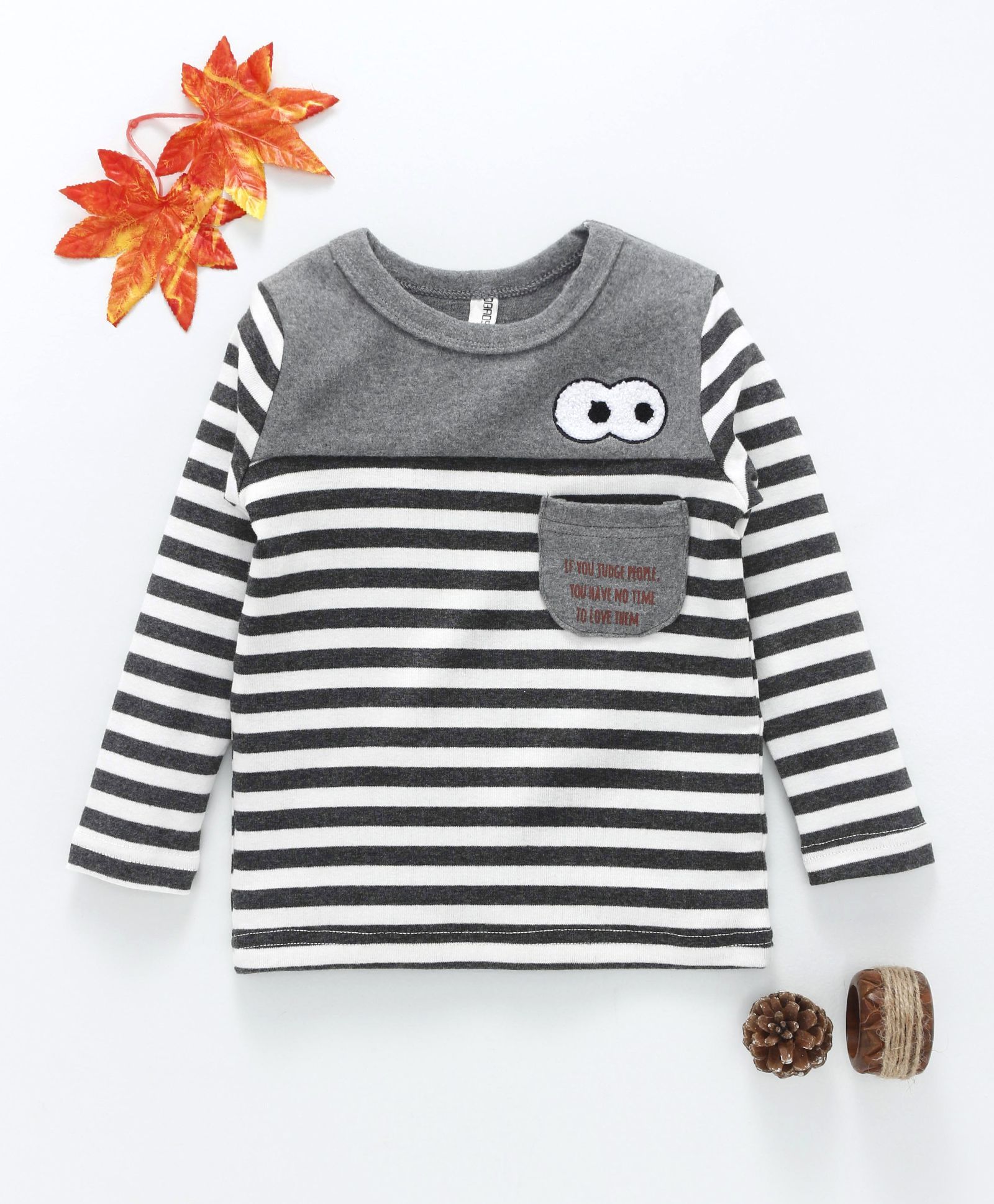 Baobaoshu Full Sleeves Striped Tee - Grey