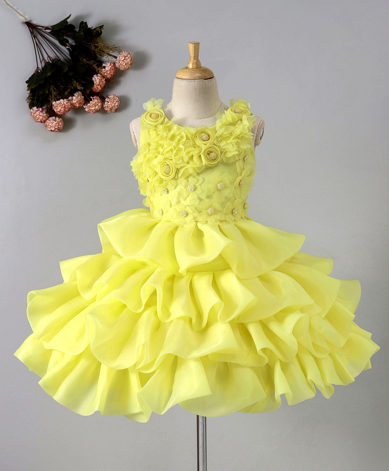 Maalka Flowers Applique Sleeveless Ruffle Dress - Yellow