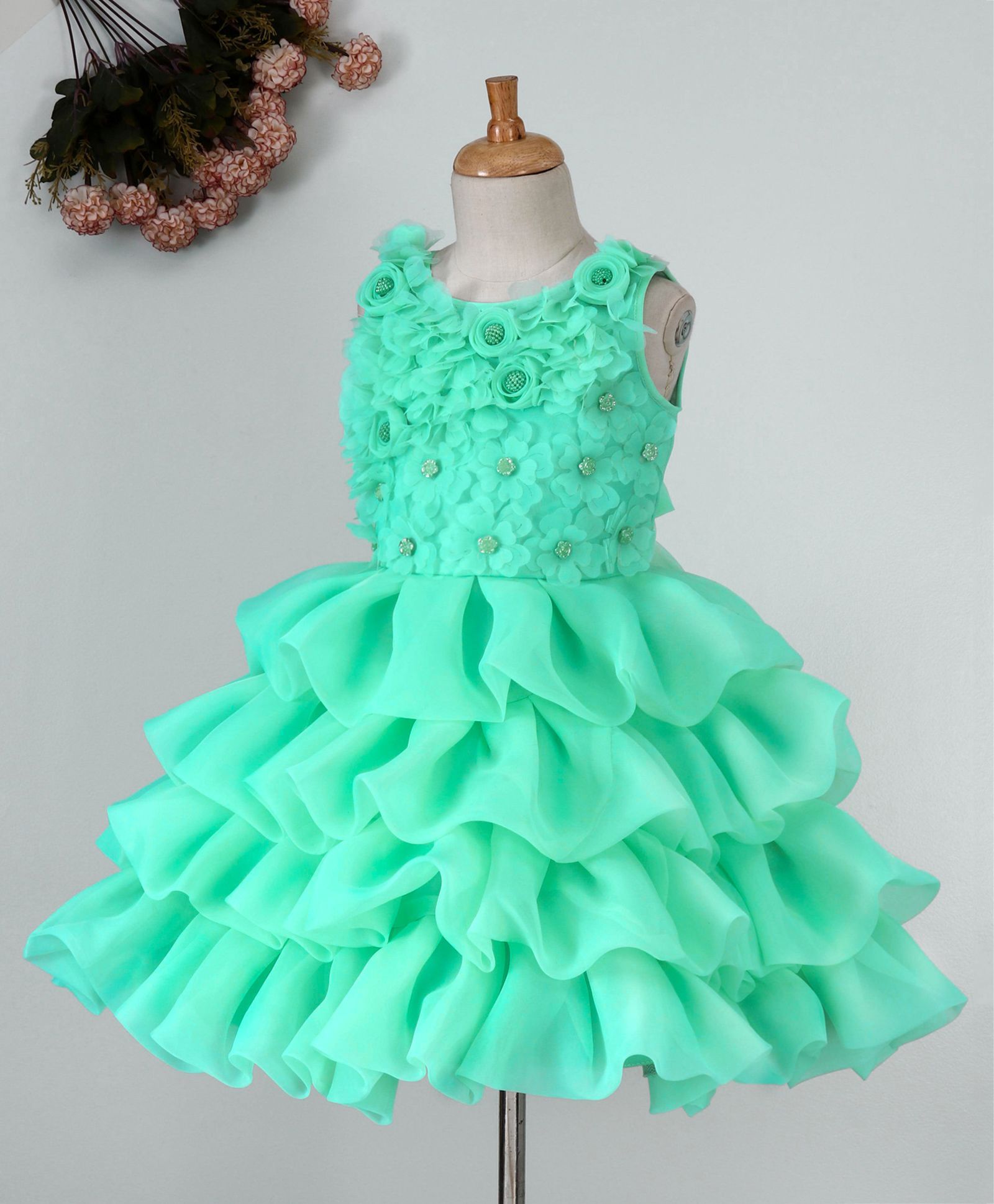 Maalka Flowers Applique Sleeveless Ruffle Dress