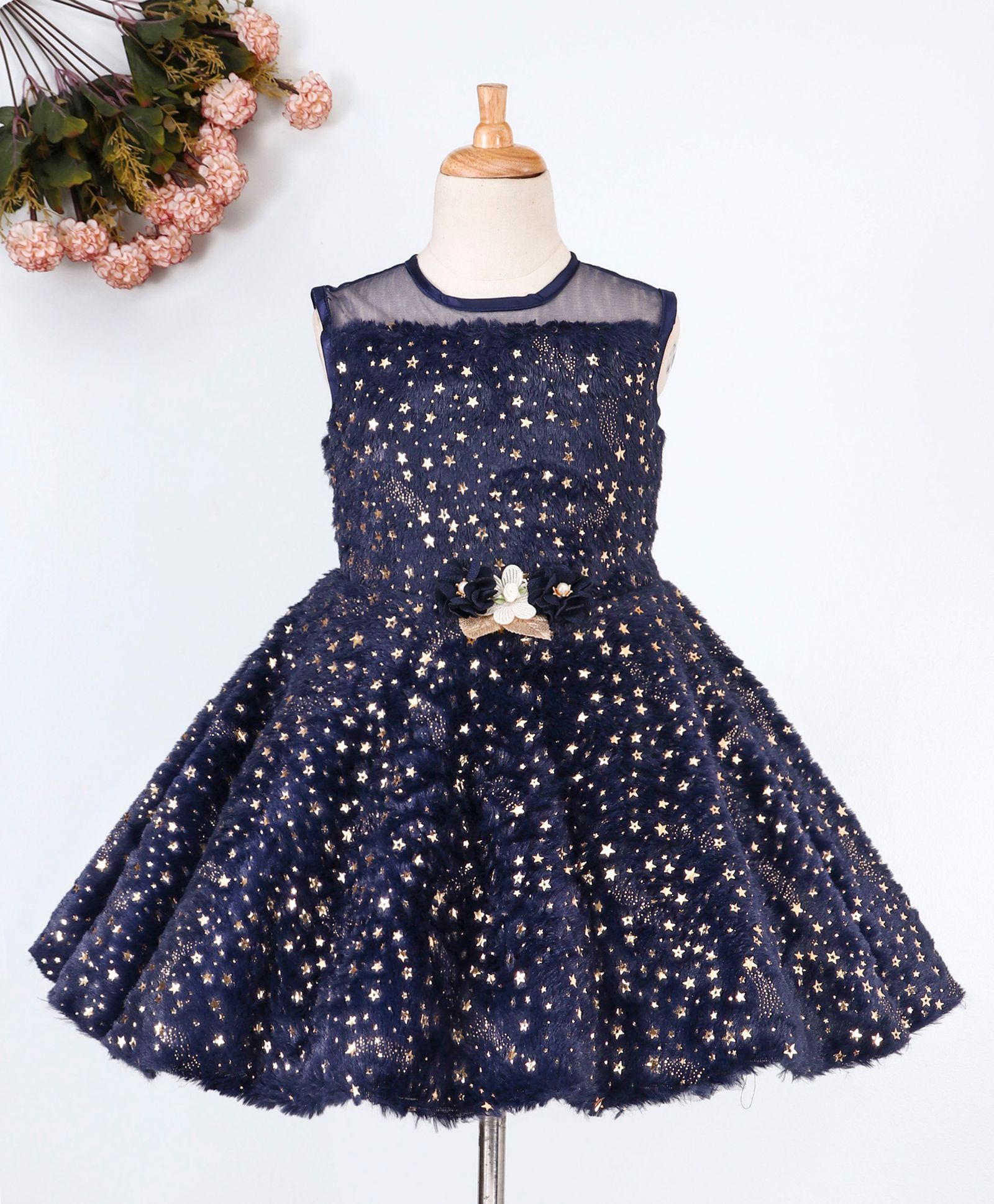 Maalka Star Design Sleeveless Flare Dress - Navy Blue