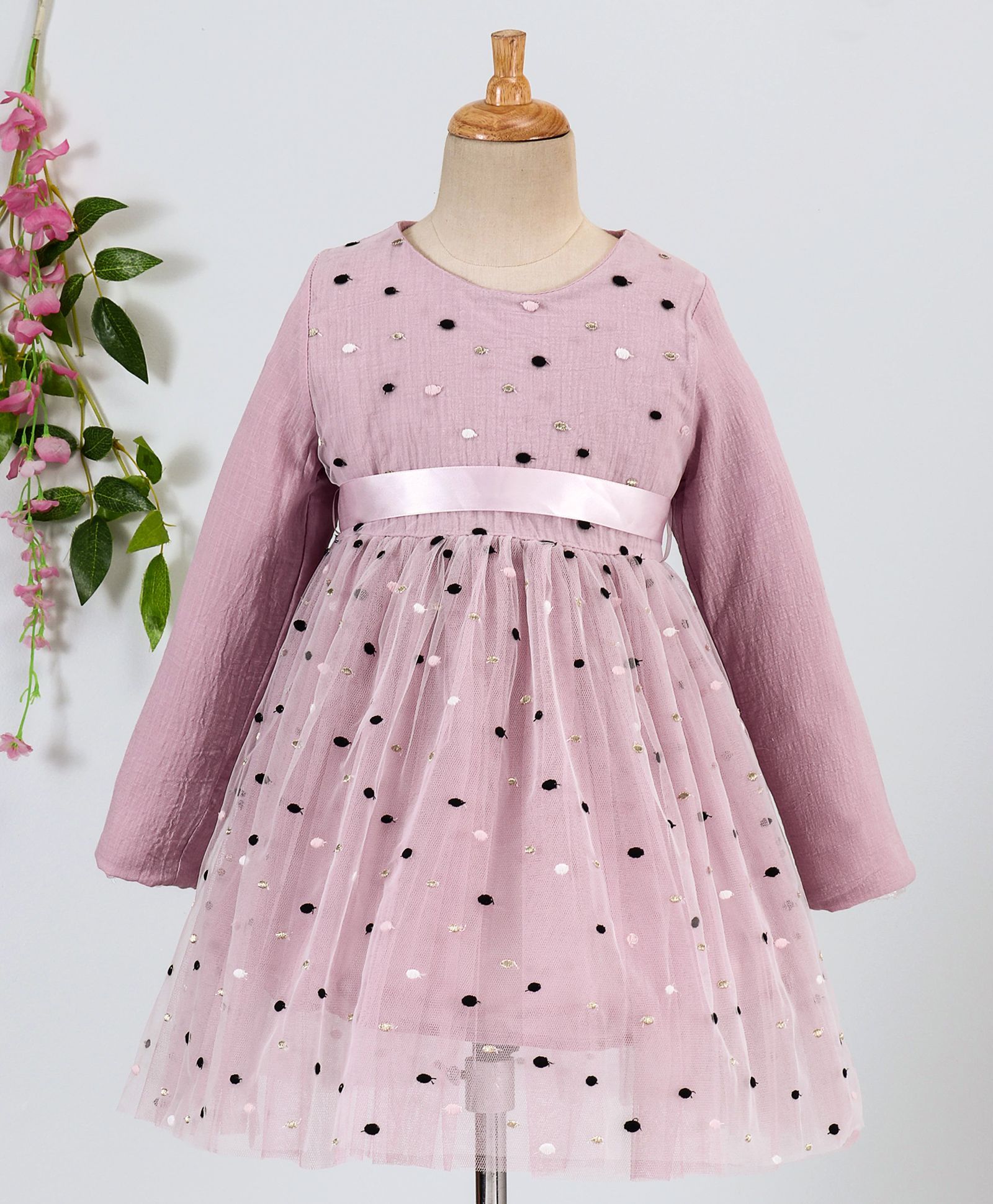Fen Cai Thread Work Full Sleeves Net Dress