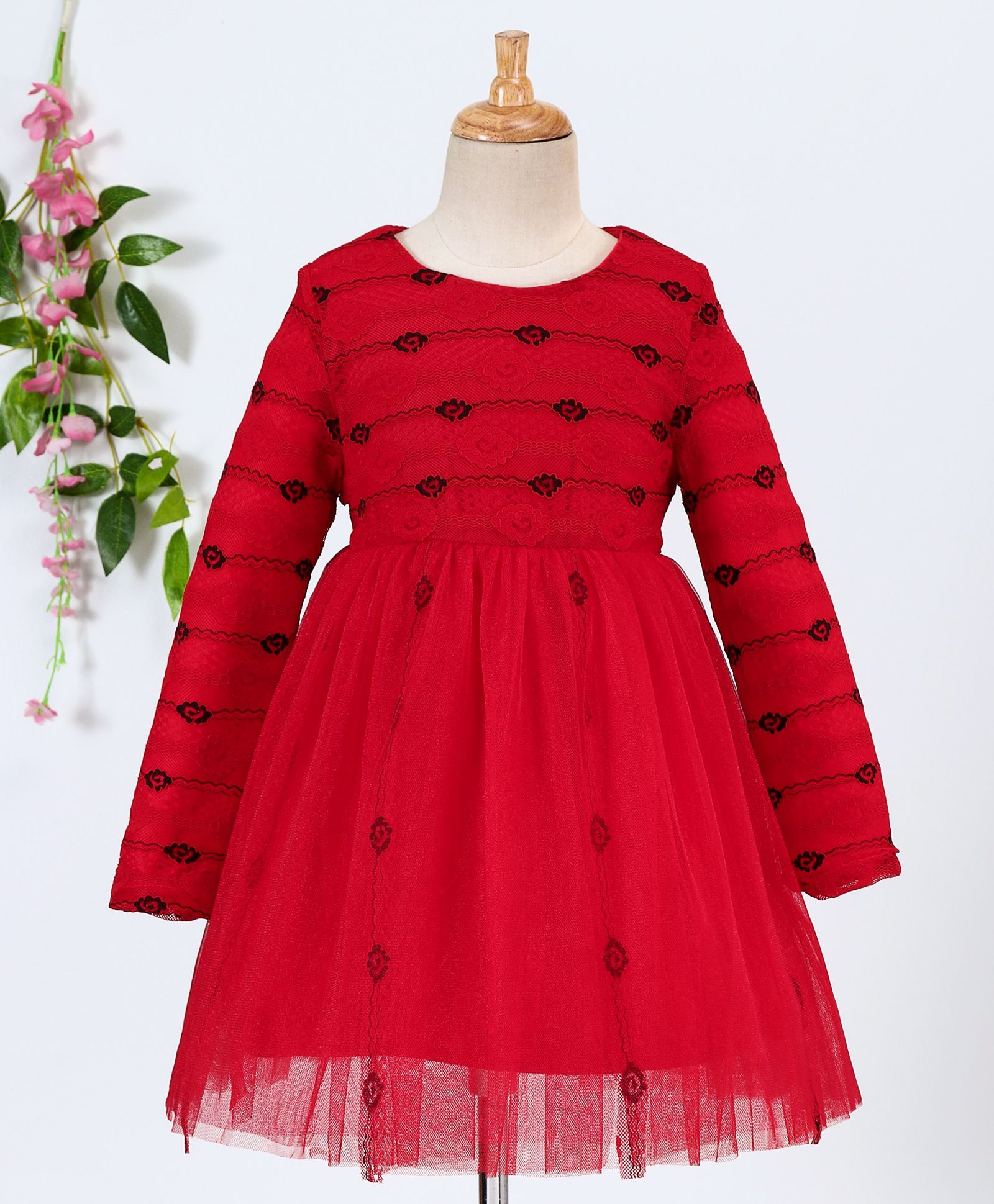 Fen Cai Printed Full Sleeves Net Dress - Red