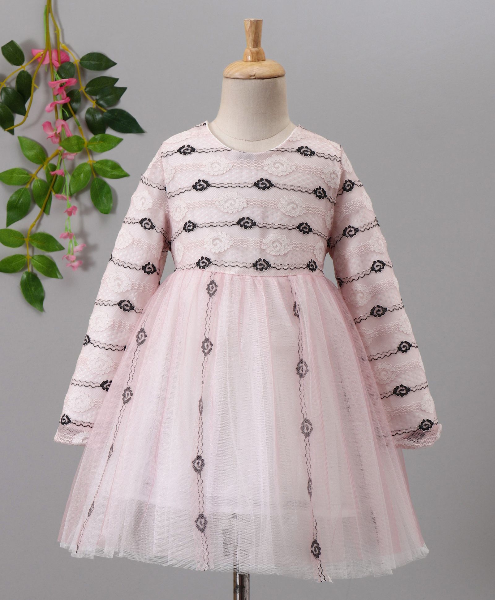 Fen Cai Printed Full Sleeves Net Dress - Pink