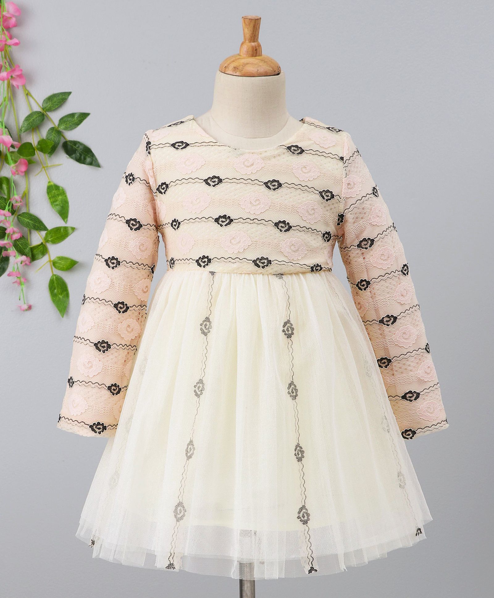 Fen Cai Printed Full Sleeves Net Dress - Peach