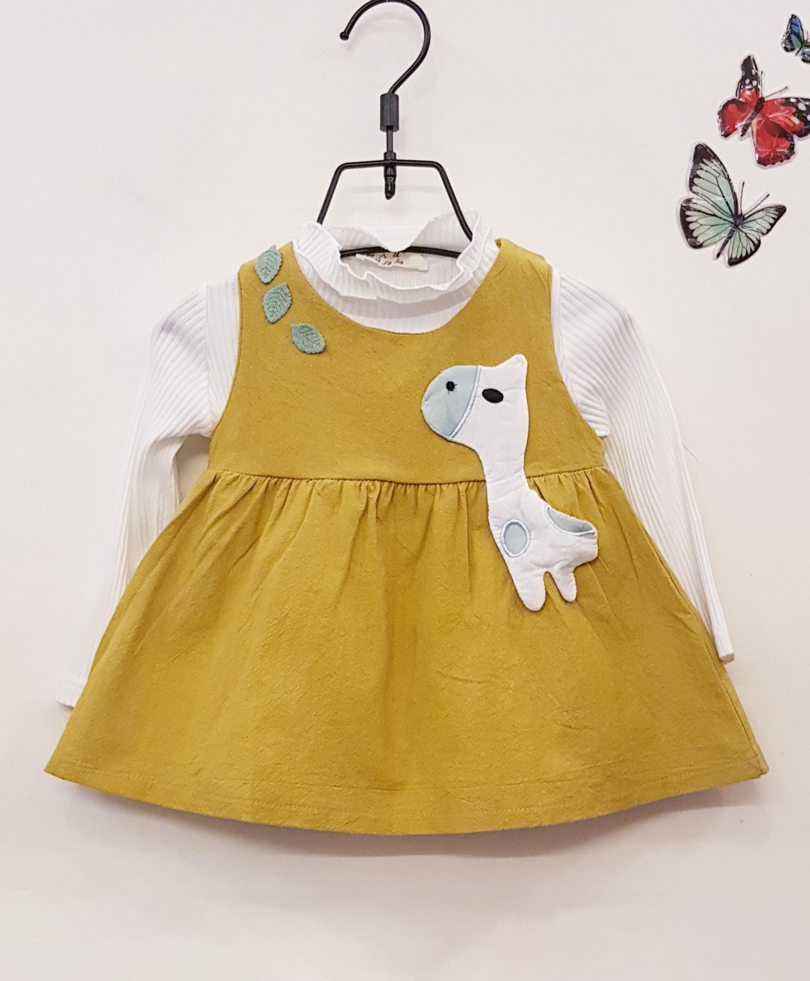 Aww Hunnie Full Sleeves Frock Giraffe Patch - Yellow