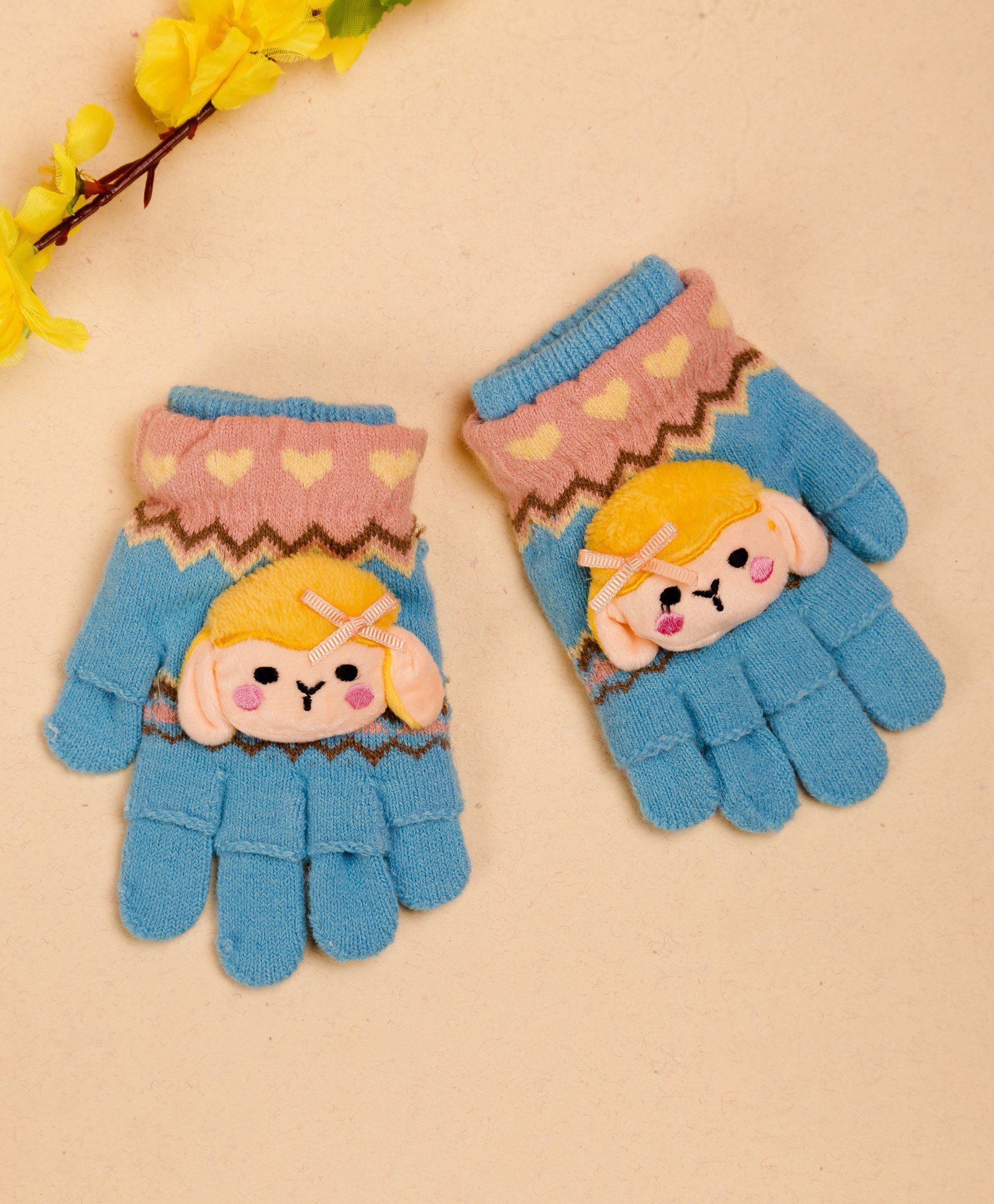 Unicorns Heart Design Animal Applique Gloves - Blue