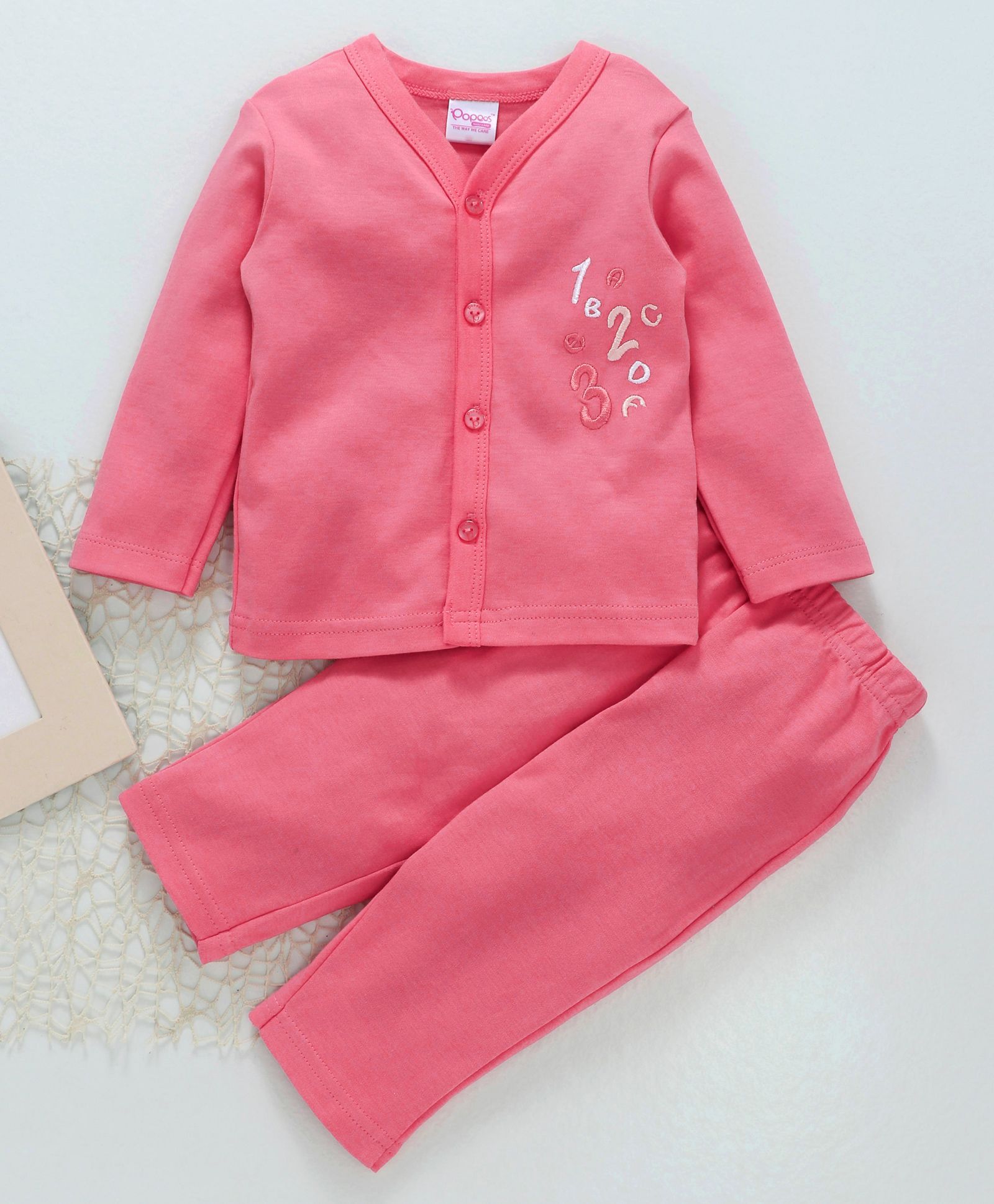 Popees Full Sleeves Cotton Night Suit Numbers Patch - Light Pink